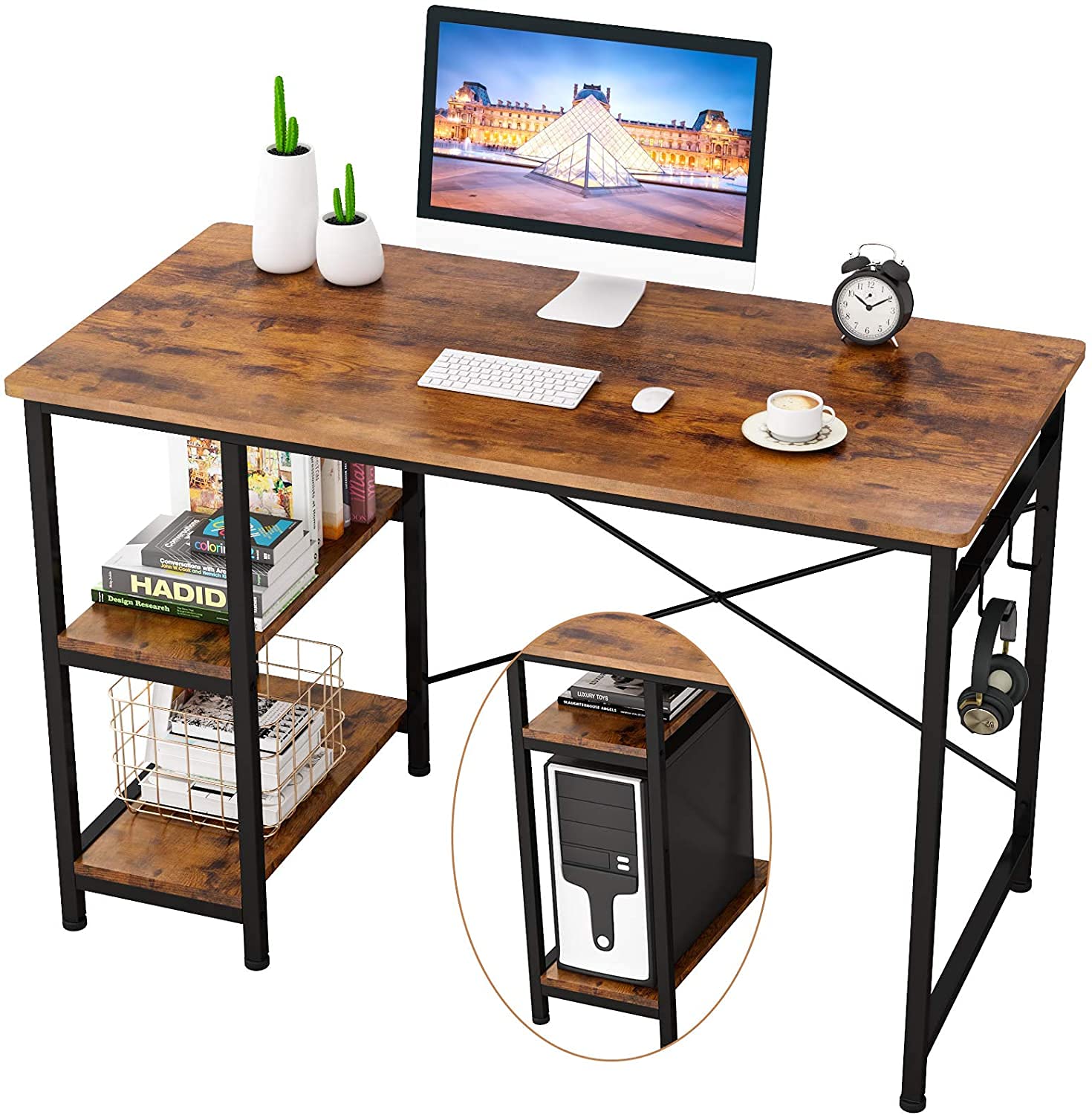 JUNCAN Computer Desk 47", Home Office Study Desk with 2 Storage Shelves on Left or Right Side, Industrial Simple Style Wood Table Metal Frame for PC Laptop Notebook (Rustic Brown)