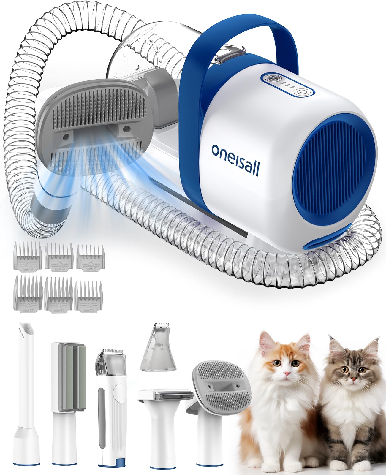 oneisall Cat Grooming Vacuum, Low-Noise Pet Vacuum Grooming Kit with Brush & Clippers for Hair Shedding Trimming Grooming, 6 in 1 Cat Vacuum Groomer for Pet Hair Grooming