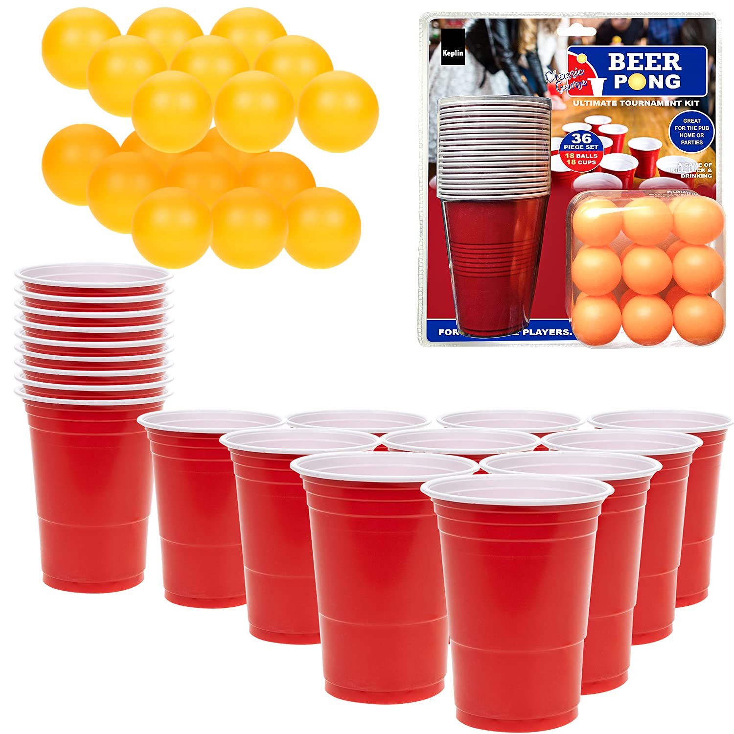 KEPLIN Beer Pong Set – Adult Fun Party Drinking Tournament Game for Parties, Gardens, BBQs, Birthdays, Halloween, Outdoor and Indoor - 36pcs including Ping Pong Balls and Red Cups