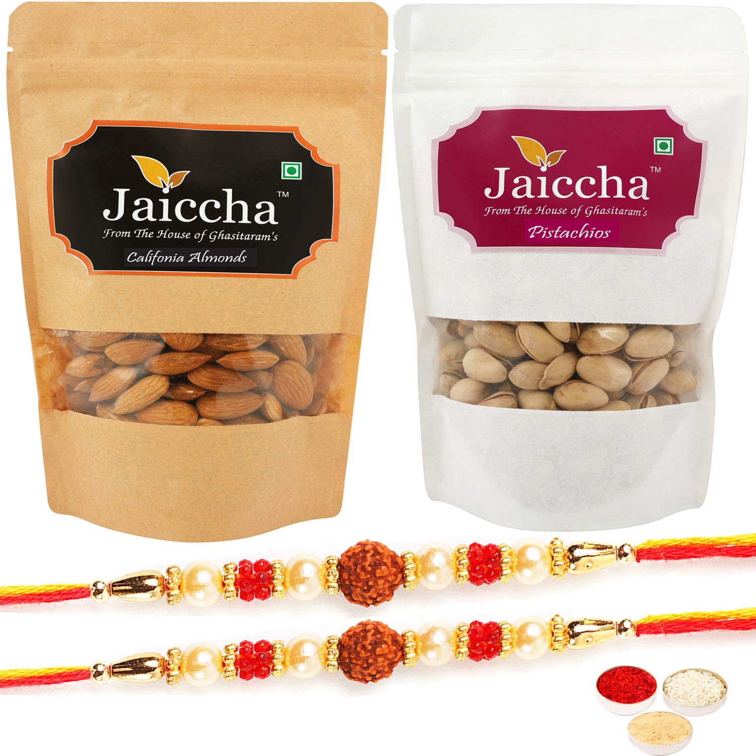 Jaiccha Ghasitaram Rakhi Gifts for Brothers Rakhi Dryfruits - Almonds 100 GMS and Pistachios 100 GMS Pouches with 2 Rudraksh Rakhis