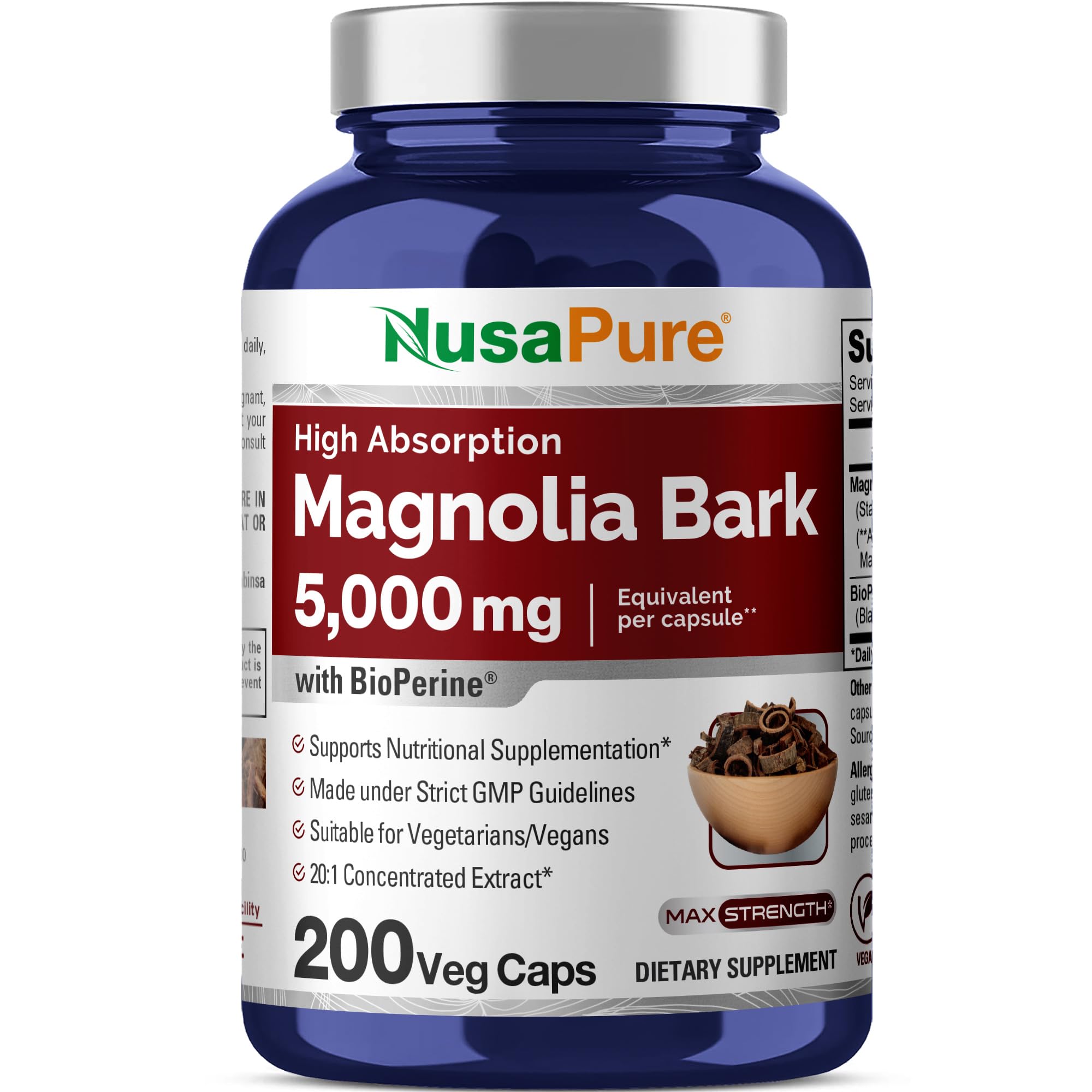 NusaPure Magnolia Bark 5000 mg 200 Vegan Vegetarian Caps (Non-GMO, Extract 4:1)