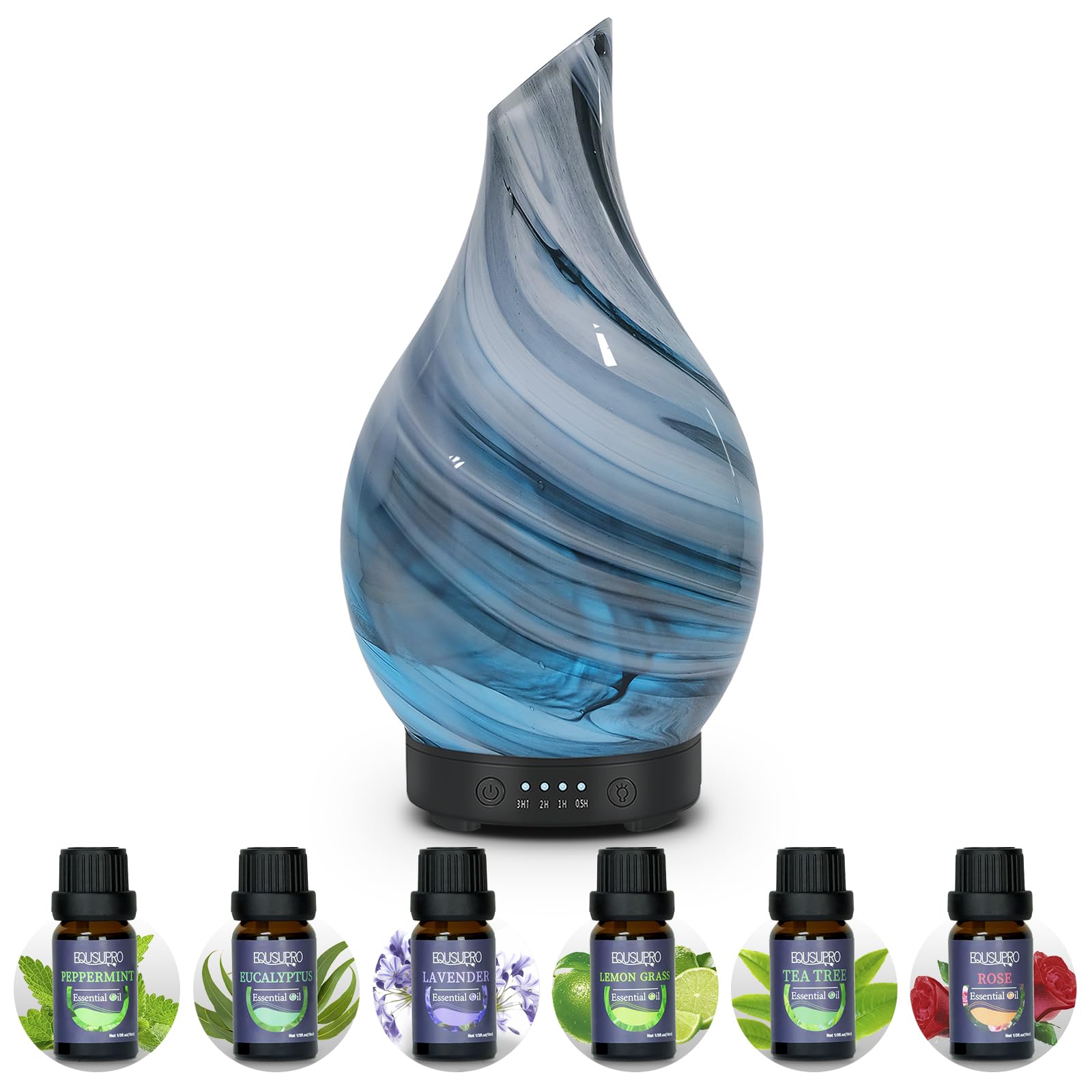 Essential Oil Diffuser 120 ML Aroma Ultrasonic Diffuser, with 6Pcs*10ml Pure Essential Oil Gift Set, Handmade Art Glass with Night Lights, BPA Free, 7 LED Lights, Waterless Auto-Off 4 Timer (Grey)