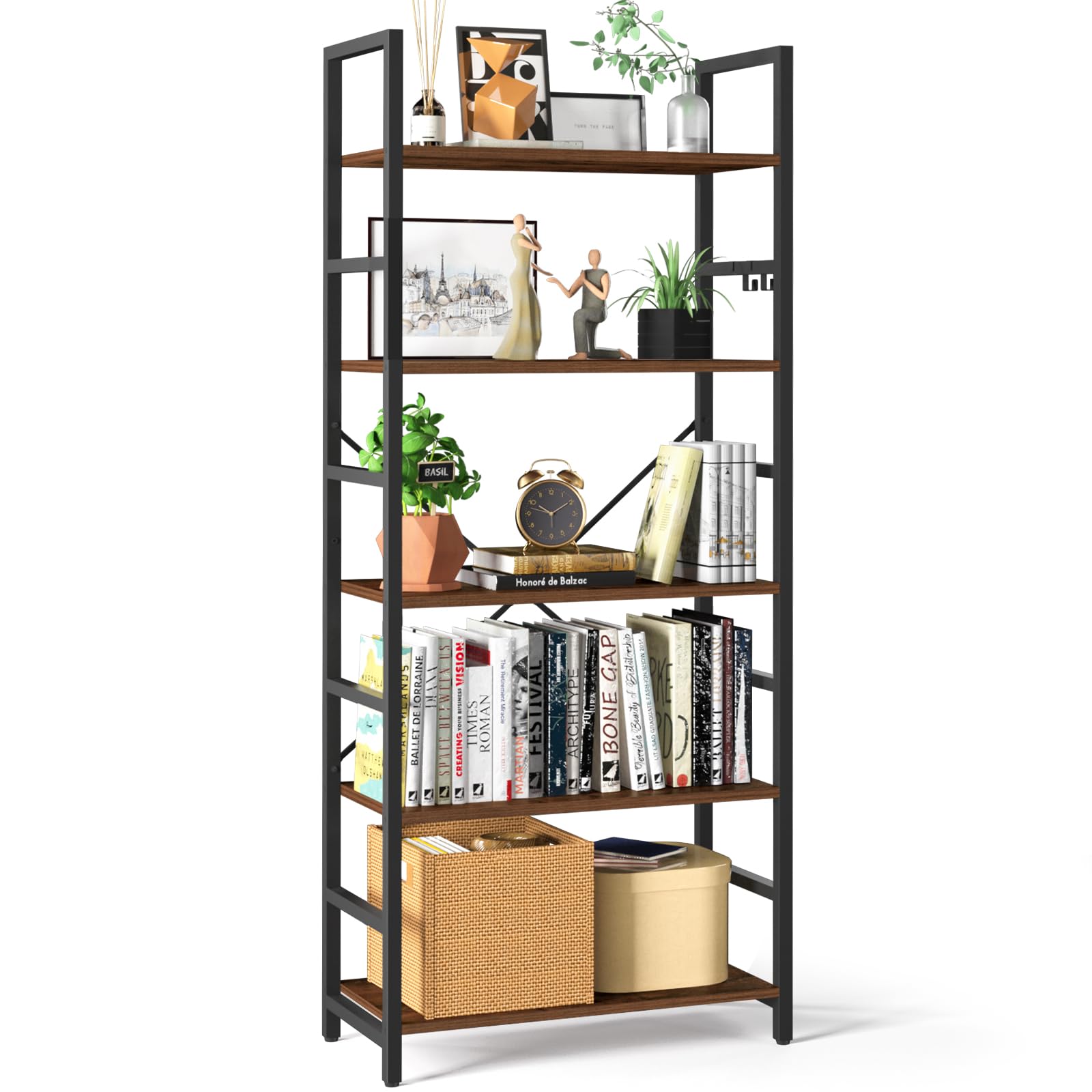 Yoobure5 Tier Bookshelf - Tall Book Shelf Modern Bookcase for CDs/Movies/Books, Rustic Book Case Industrial Bookshelves Book Storage Organizer for Bedroom Home Office Living Room Rustic Brown