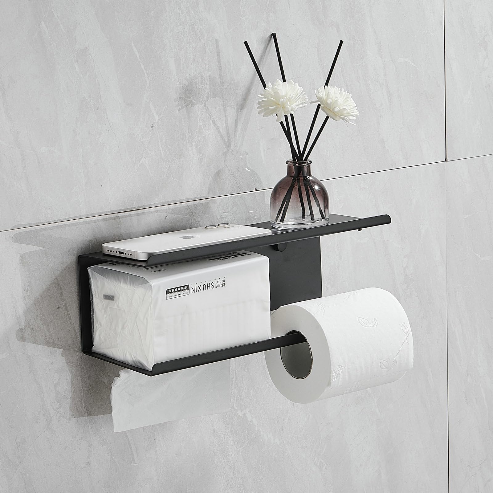 Large Toilet Roll Holder with Dual Shelf, Toilet Paper Holder, Wet Wipes, Storage, Drilling and Self-Adhesive, for Bathroom and Kitchen, Black