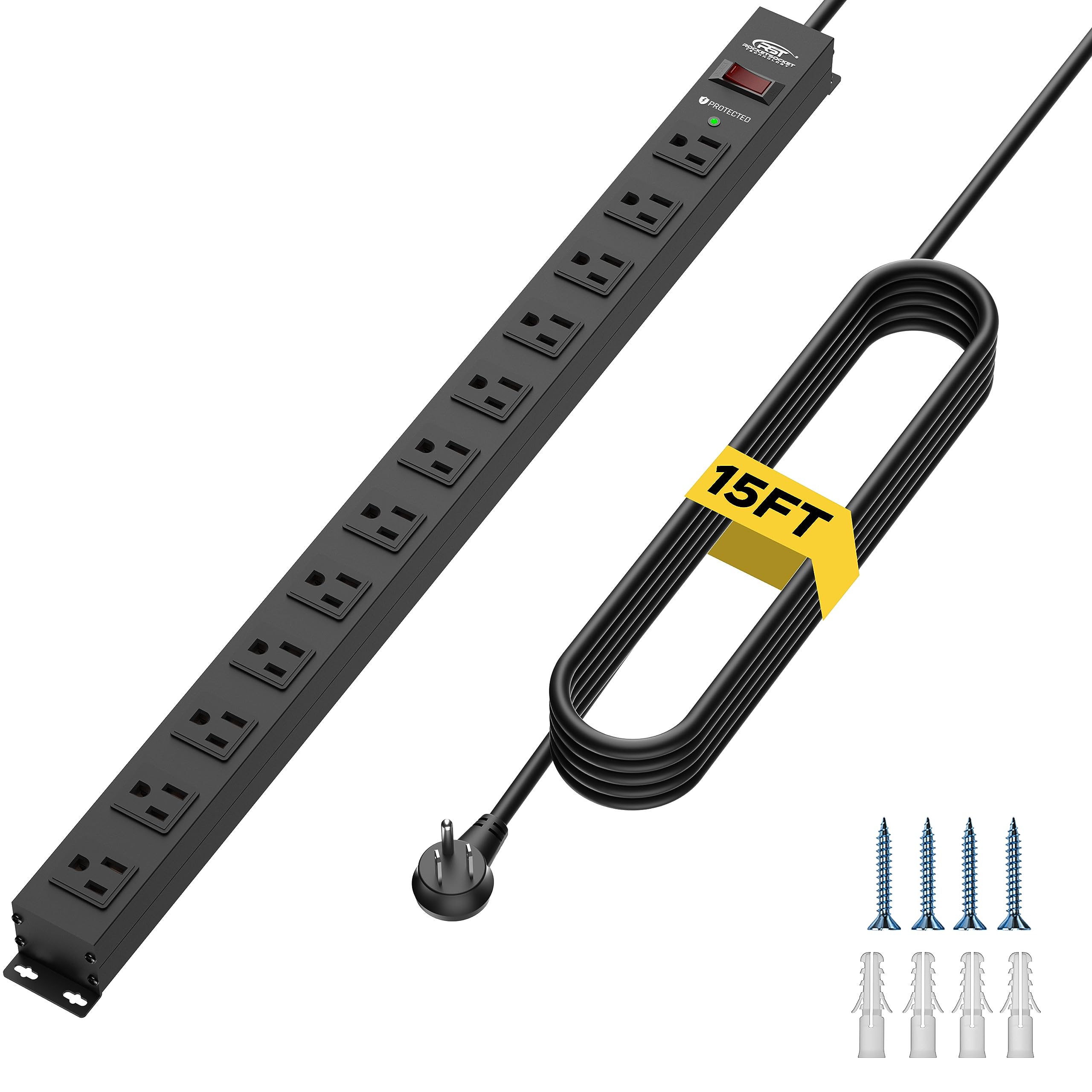 CRST 12-Outlet Metal Mountable Power Strip, 2100 Joules Heavy Duty Surge Protector Power Strip 15ft Long Cord with Flat Plug Wide Spaced Outlets for Industrial Garage Commercial (15A/1875W)