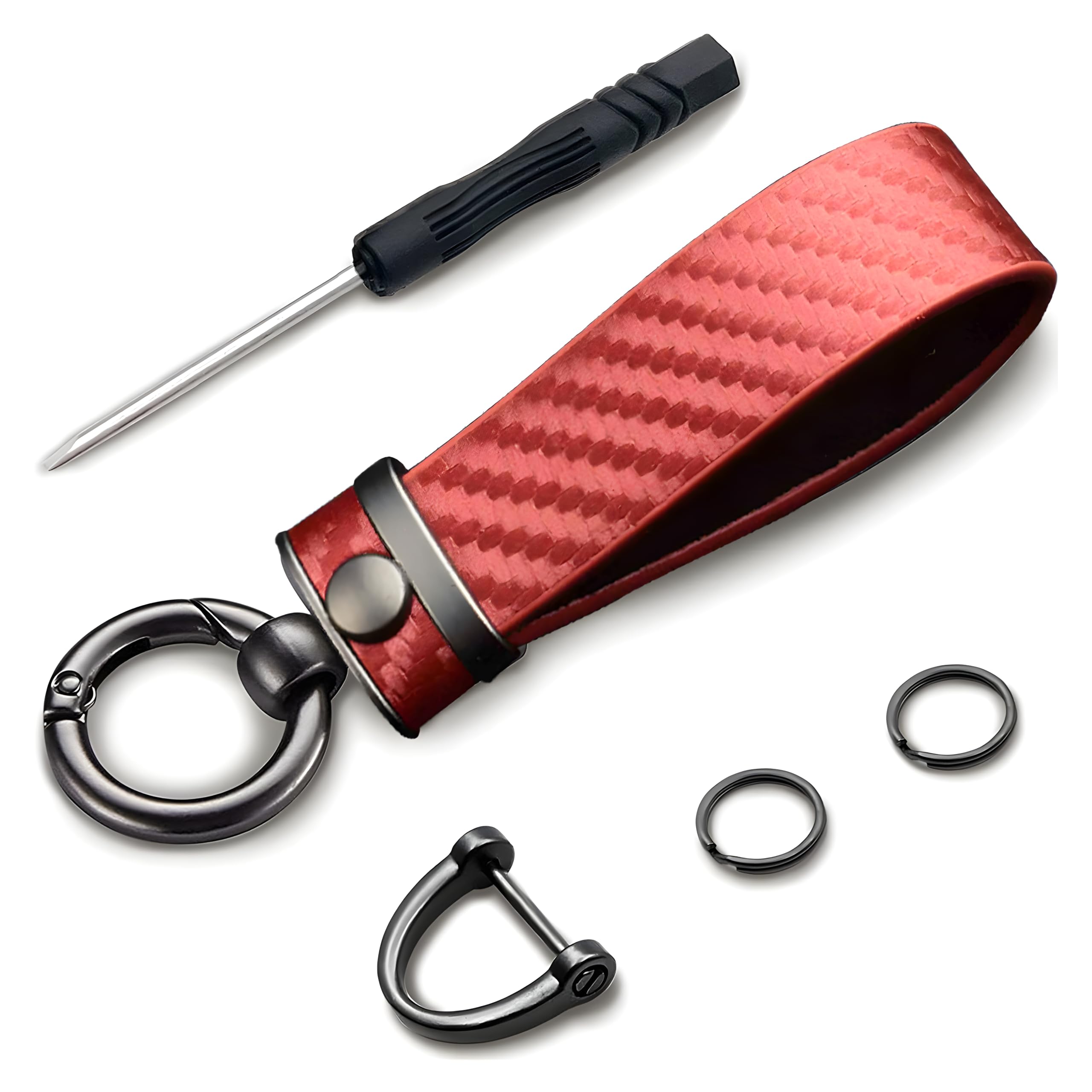 Car Key Chain, Carbon Fiber Leather Keychain, 360° Rotatable Key Fob Holder with Anti-lost D-Ring, Car Accessories (Red)