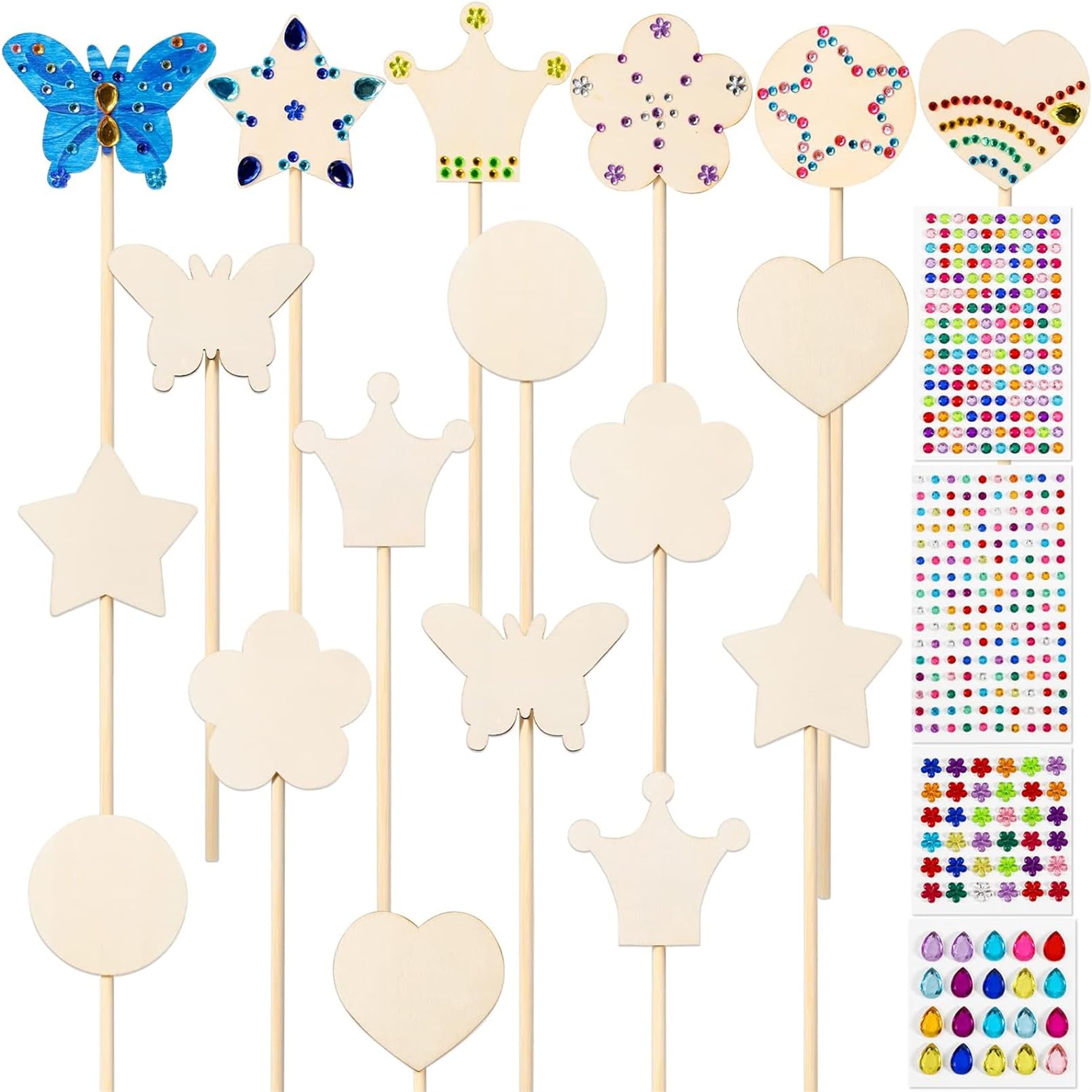 SOOFAM Princess Fairy Wands Kit Include 18 Pieces 6 Styles Unfinished Wooden Princess Wand and 4 Gem Stickers Princess Magical Show for Fairy Party Decoration (1)