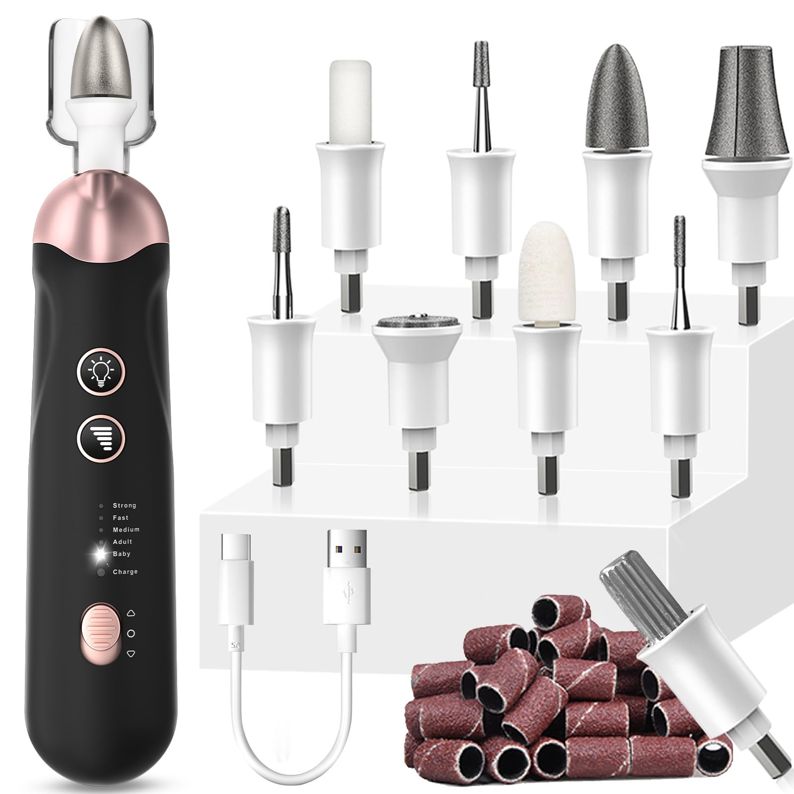 Gearmatte Electric Nail File Set, Cordless Rechargeable Professional Manicure Pedicure Kit, 5 Speeds Hand Foot Care Tool for Nail Grind Trim Polish Set - with 100Pcs Nail Drill Bits Sanding Bands