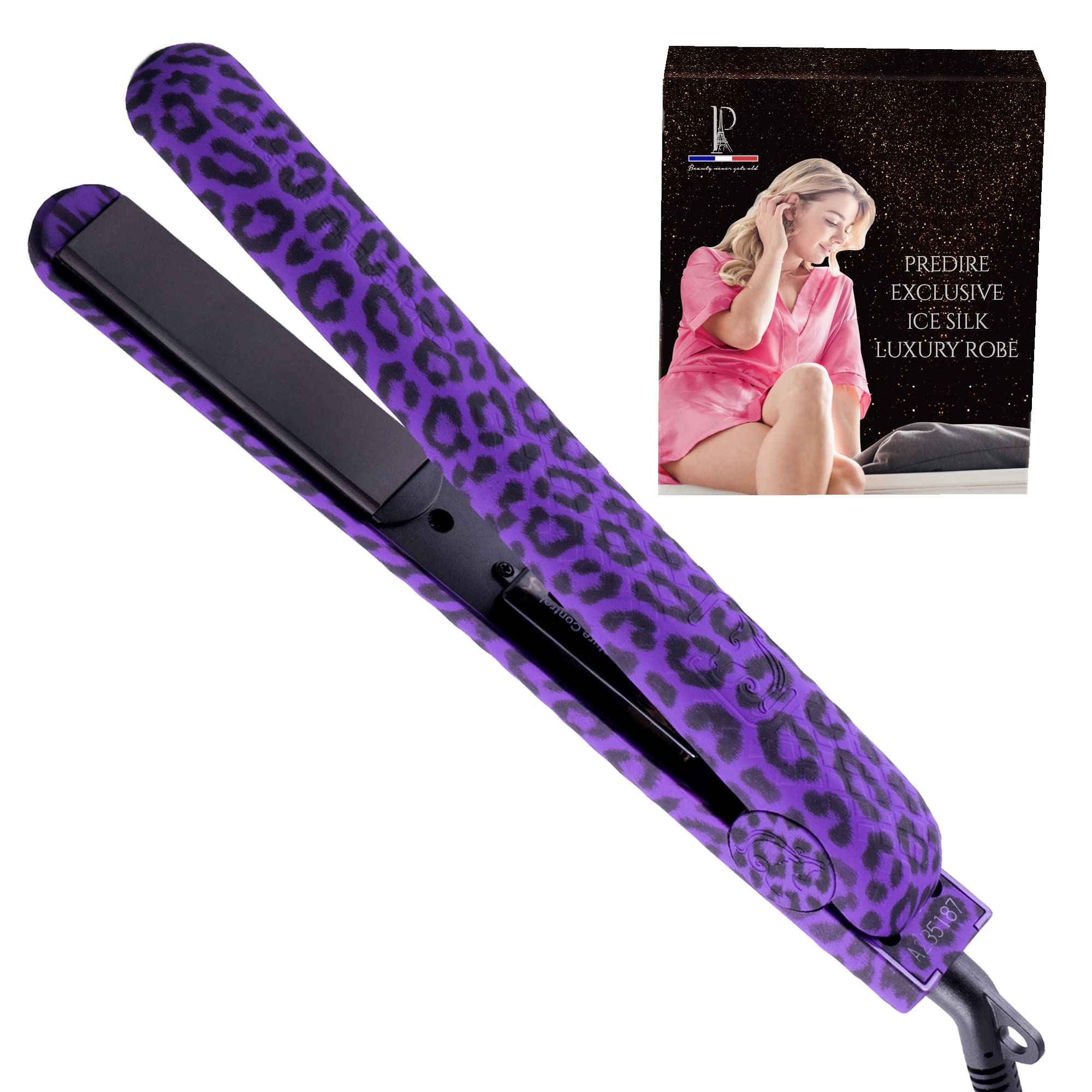 Royale Ionic Flat Iron Luxury Ceramic Tourmaline 2 in 1 Hair Straightener & Curler + Predire Robe - Single Pass, Floating Plates, Anti-Frizz 1" (Purple Leopard)