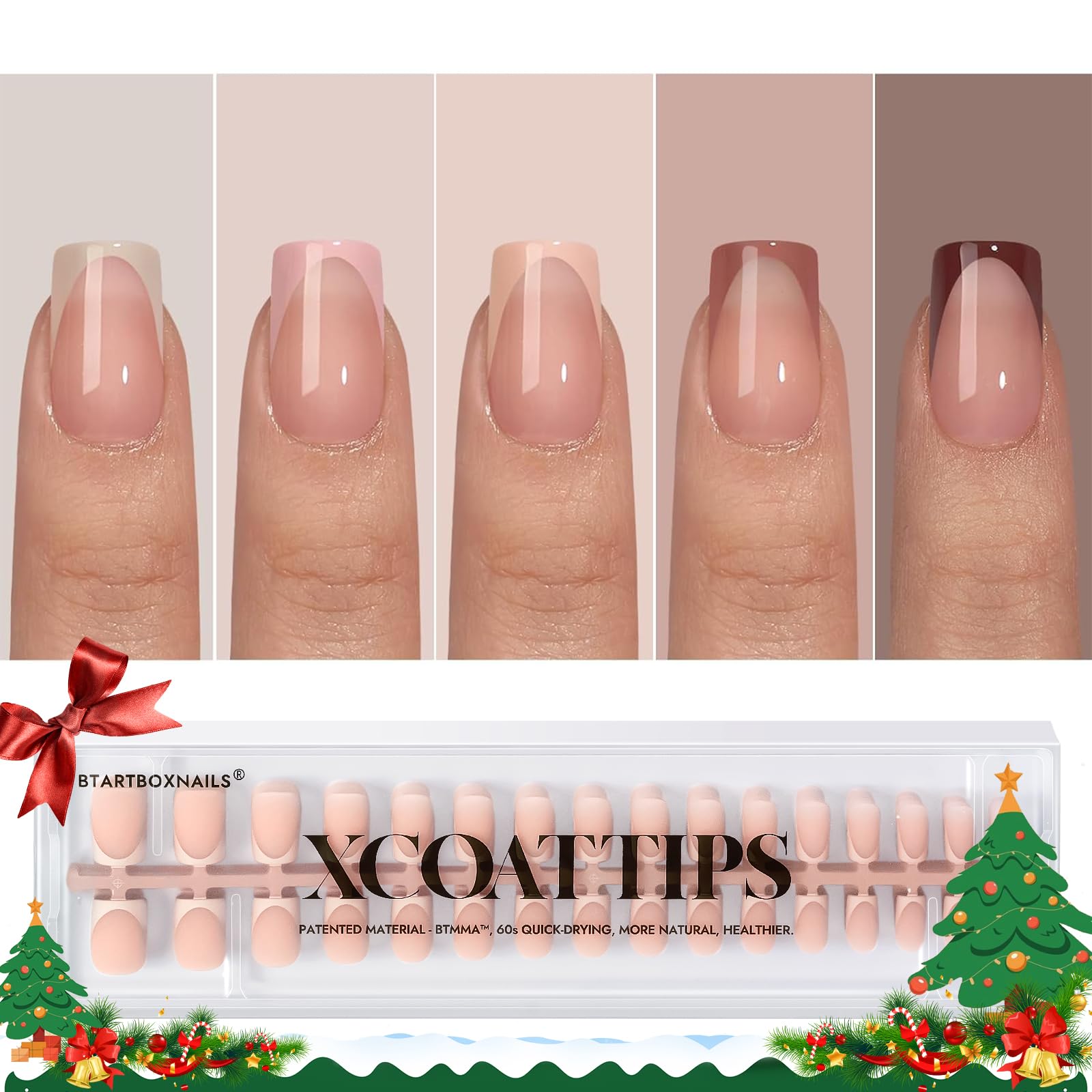 BTArtboxnails XCOATTIPS Press on Nails - French Tip Press on Nails, Fall Nails Short Square Nail Tips, Skin Tones Soft Gel Nails False Nail, Soak Off Acrylic Fake Nails Extensions