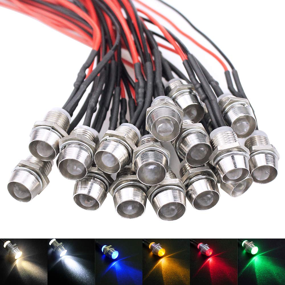 WayinTop 18pcs LED Pilot Indicator DC12V Light Lamp Pilot Dash Directional Ultra Bright 8mm LED Pilot Light Bulbs Signal Lamp for Car Van Truck Boat (White Warm White Red Blue Green Yellow)