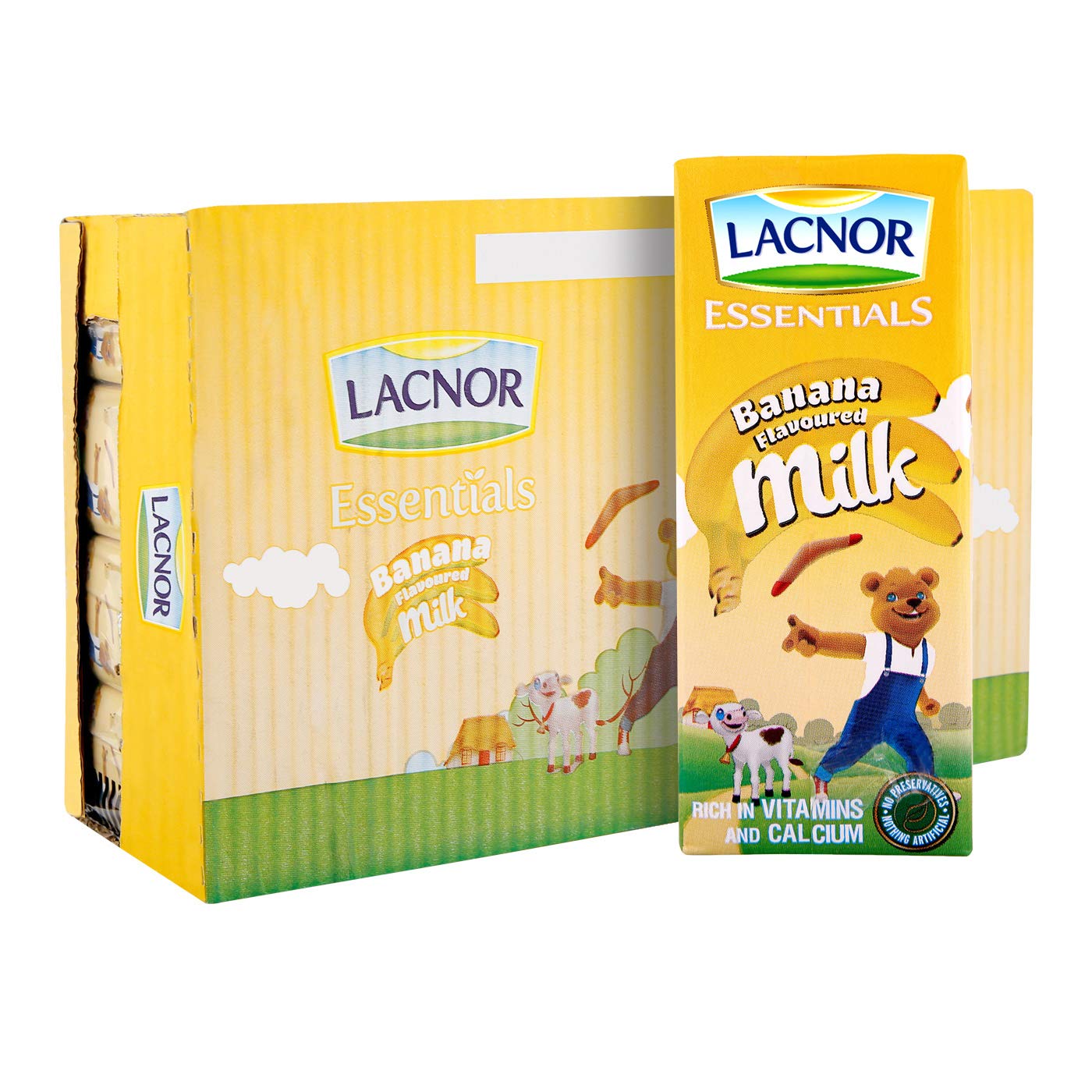 Lacnor Essentials Banana Flavoured Milk, 100% Natural, Rich in Vitamin and Calcium, 30% Reduced Sugar, 180 Ml Pack of 32