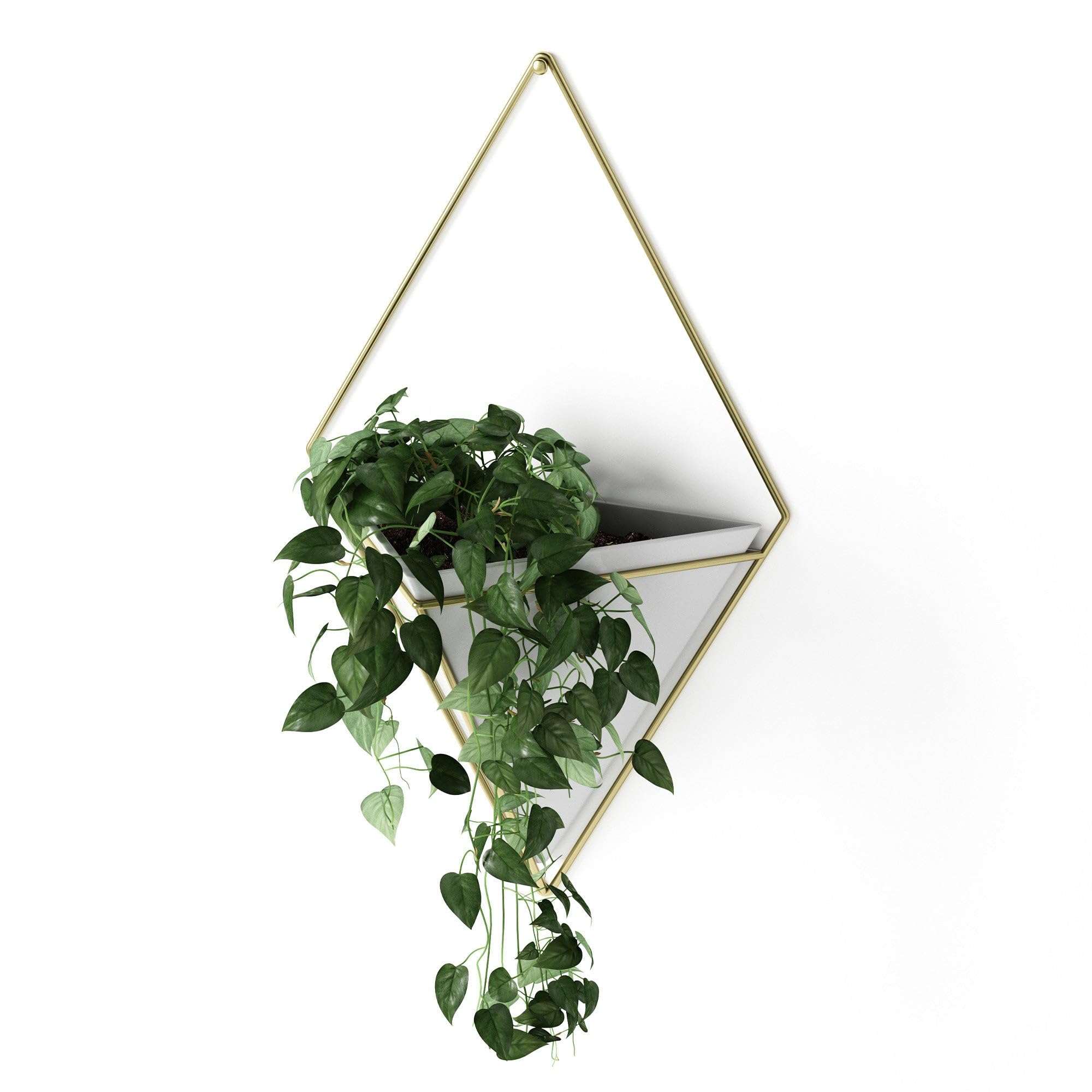 UmbraTrigg Hanging Planter Vase & Geometric Wall Decor Ceramic Container - Great For Succulent Plants, Air Plant, Mini Cactus, Faux Plants and More, Large, White/Brass