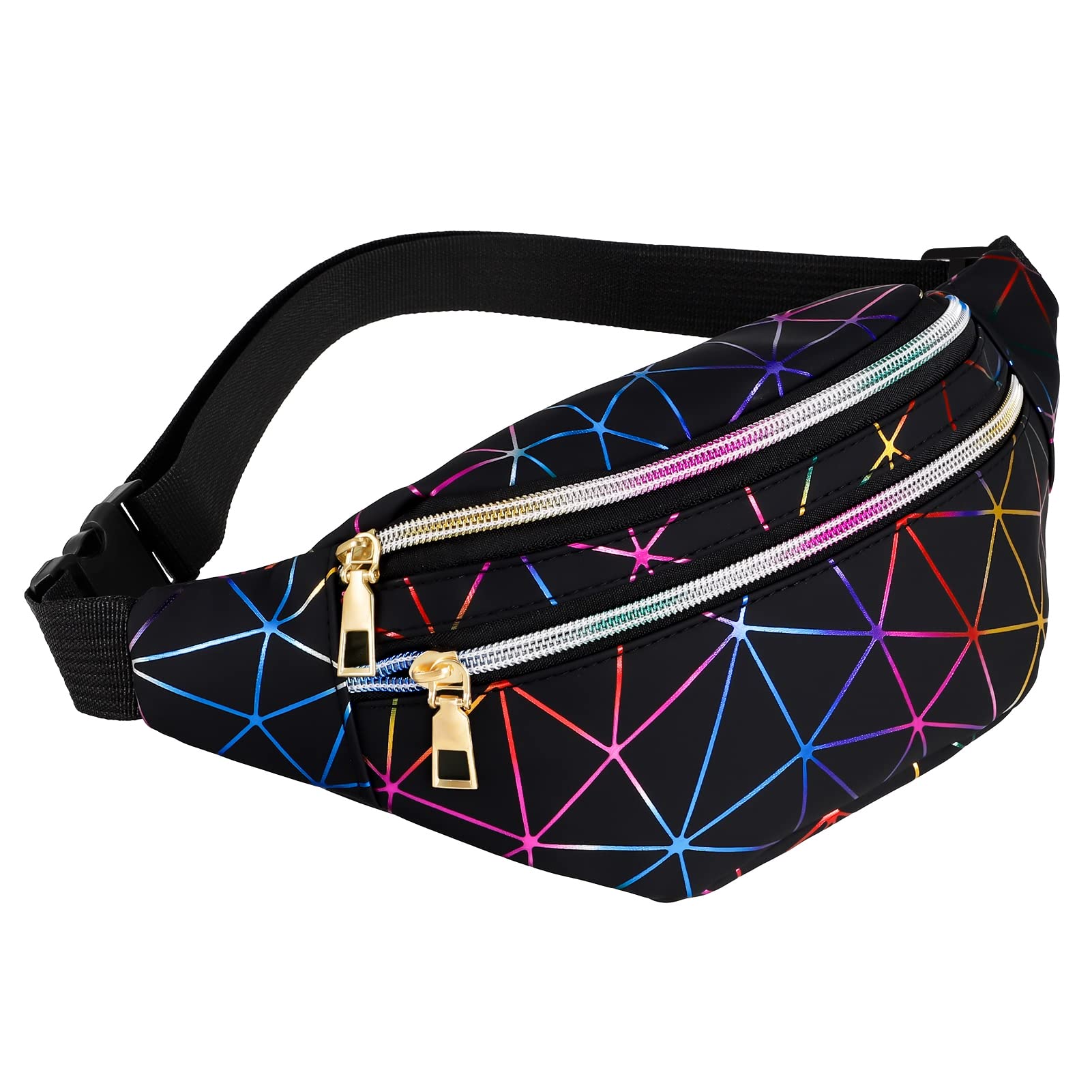 DacitieryBumbag Fanny Pack Geometric Bum Bag Festival Rave Bumbags Adjustable Waist Bag with 3-Zipper Pockets PU Leather Waterproof Shiny Belt Bag for Women Men Hiking Travel Running