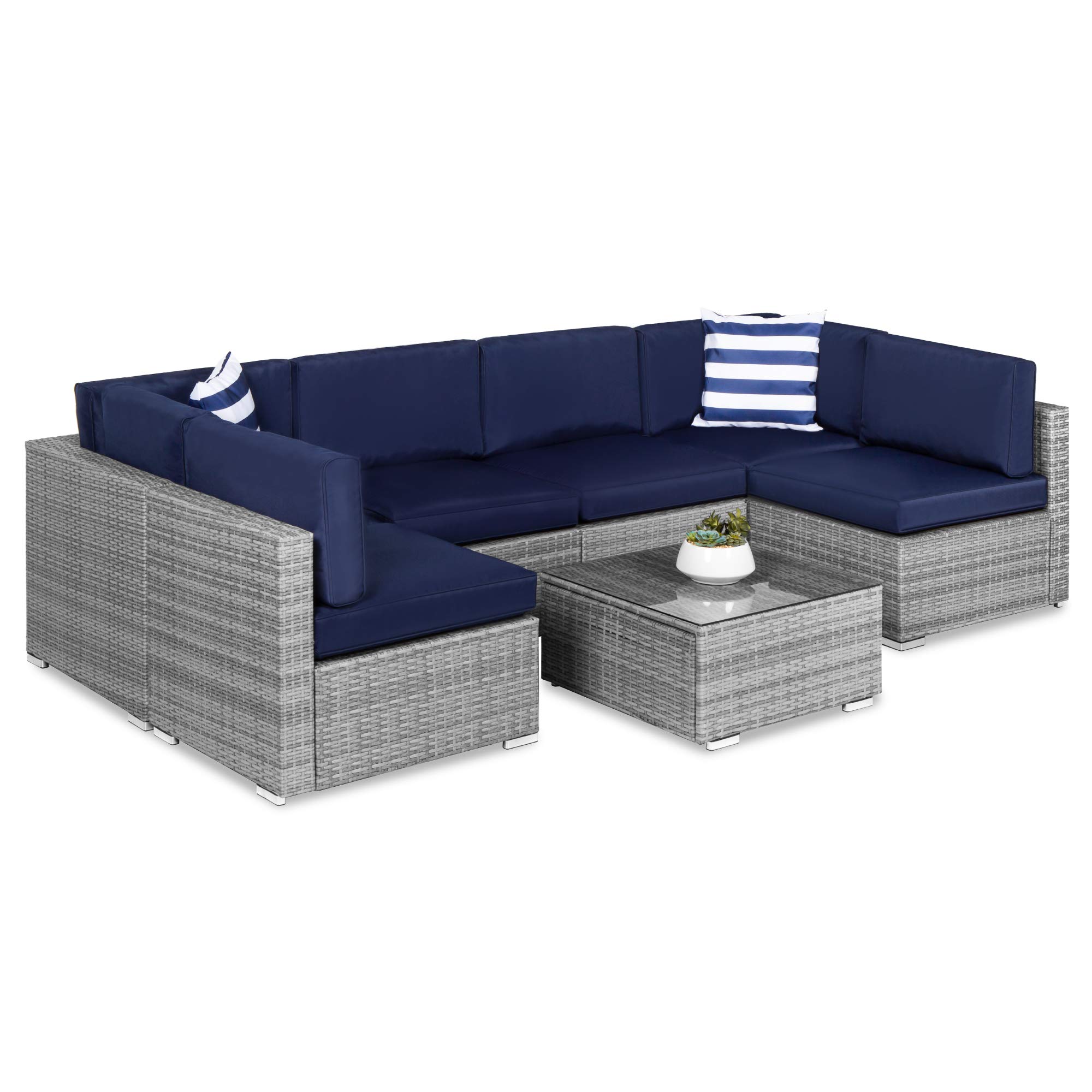 Best Choice Products7-Piece Modular Outdoor Sectional Wicker Patio Conversation Set w/ 2 Pillows, Coffee Table, Cover Included - Gray/Navy