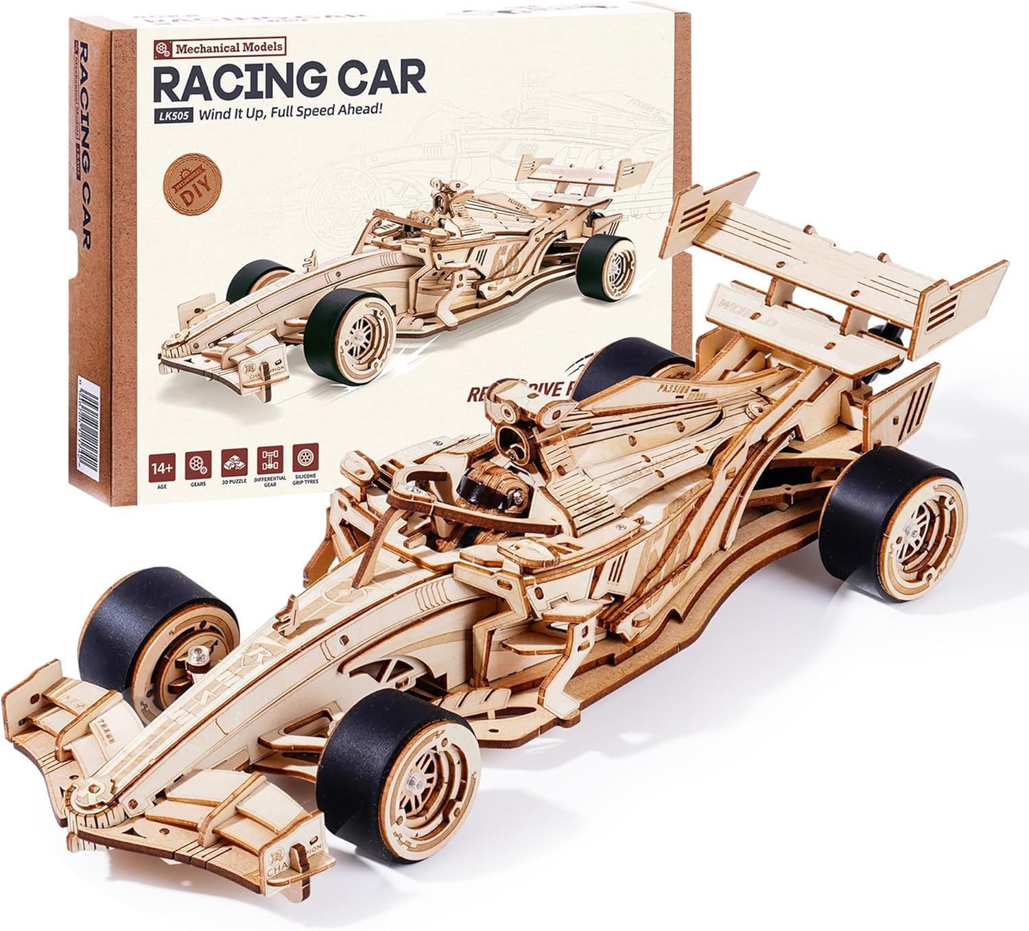 ROBOTIME 3D Wooden Puzzle Racing Car Model Kits for Adults, 5H Build, Gifts for Teens Kids, Mechanical Roaring Engine, 8-10M Forward, LK505