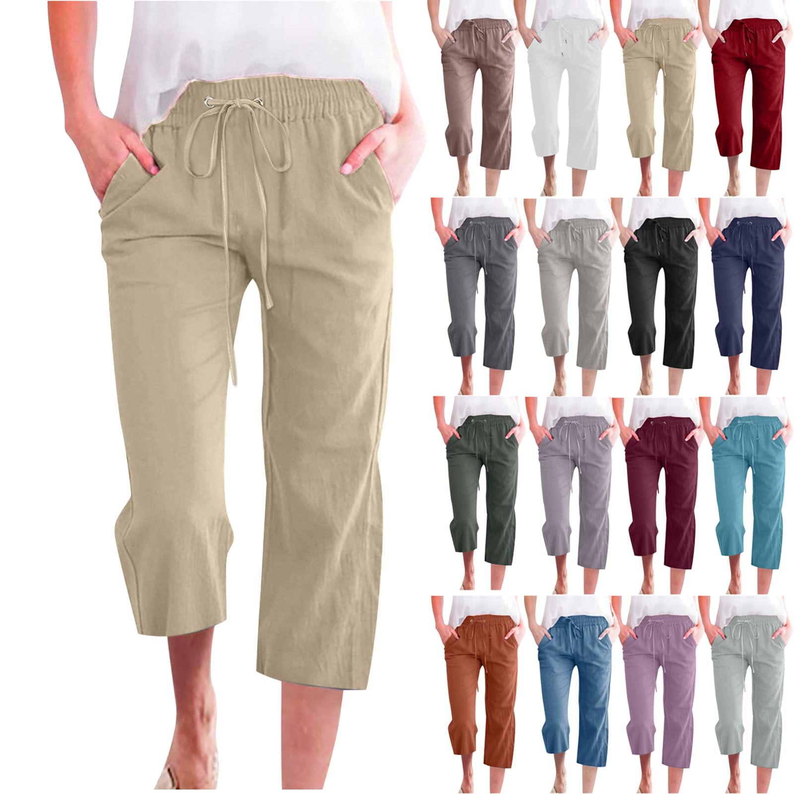 SMIDOWCapri Pants for Women Casual 2023 Summer Drawstring Elastic High Waist Linen Pant Straight Wide Leg Cropped Trouser