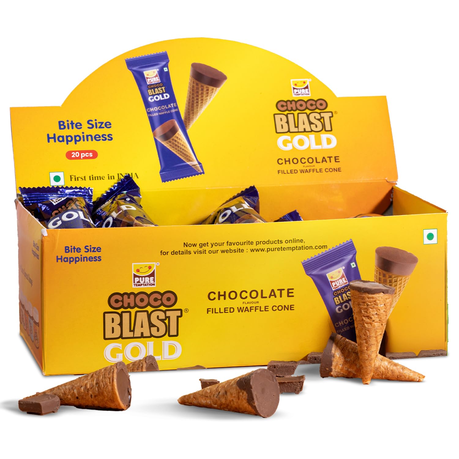 Pure Temptation Chocoblast Waffle Cones [20 Pieces Chocolate Box] Snacks for Kids & Adults - Non-Meltable Chocolate Gift Pack - Individually Wrapped Chocolate Cone Bites - Chocolate-Filled Waffle Cone