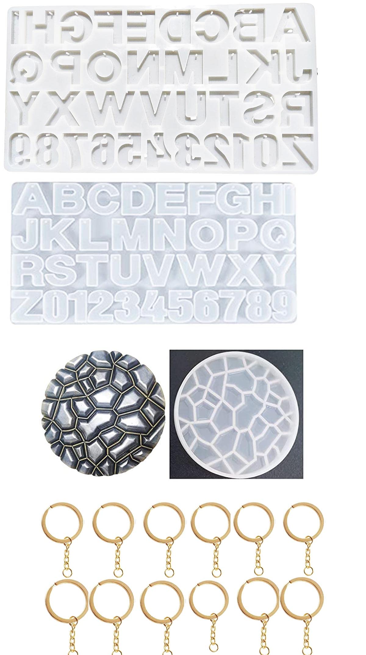 SNOOGG Pack of Alphanumeric A to z and 0 to 9 Epoxy Resin Mold with 12 pc Gold Key Chain Set and 1 Pc Diamond Cut Edge Round 4 inch Coaster Mould for Your Resin Art, DIY and Project