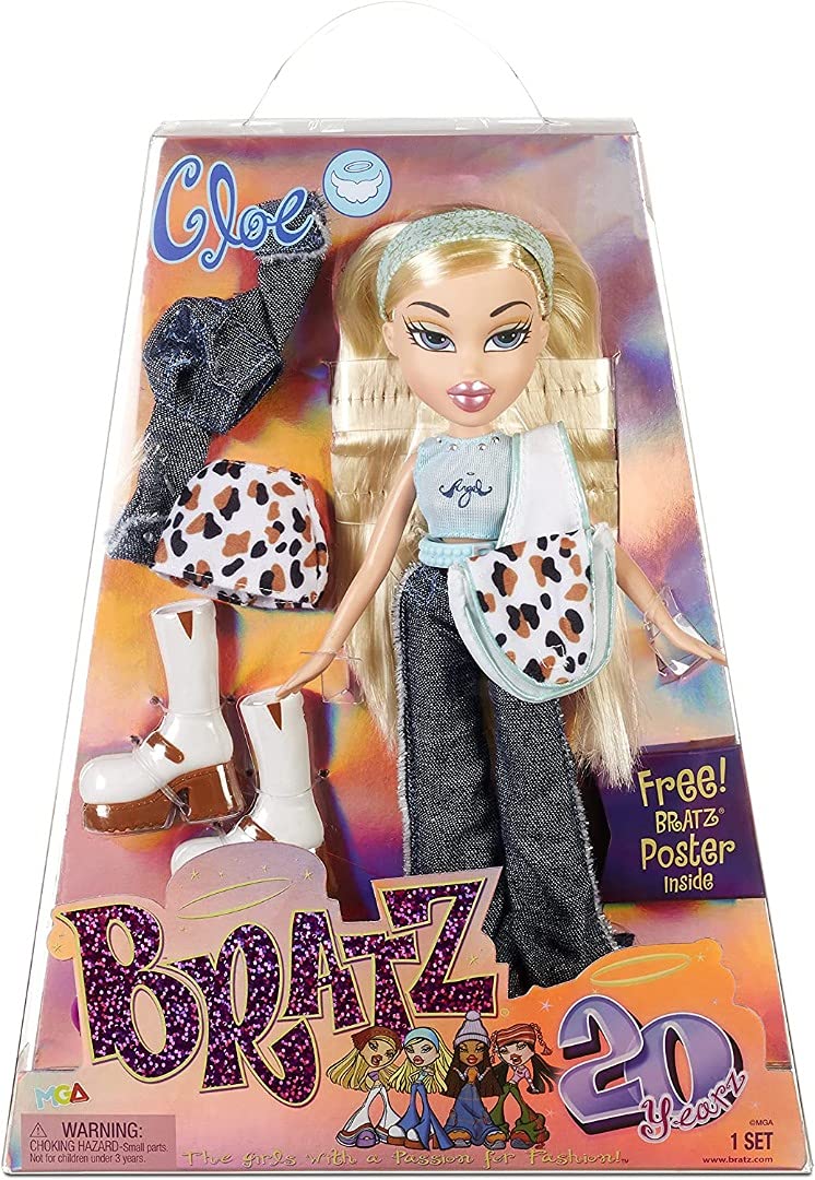 Bratz 573418EUC 20 Special Edition Original Fashion Doll Cloe - Holographic Packaging and Poster-Collectable-20 Yearz Motif, Fan Fave Rerelease 2001 Replica-Includes 2 Outfits, Shoes, Bag and more