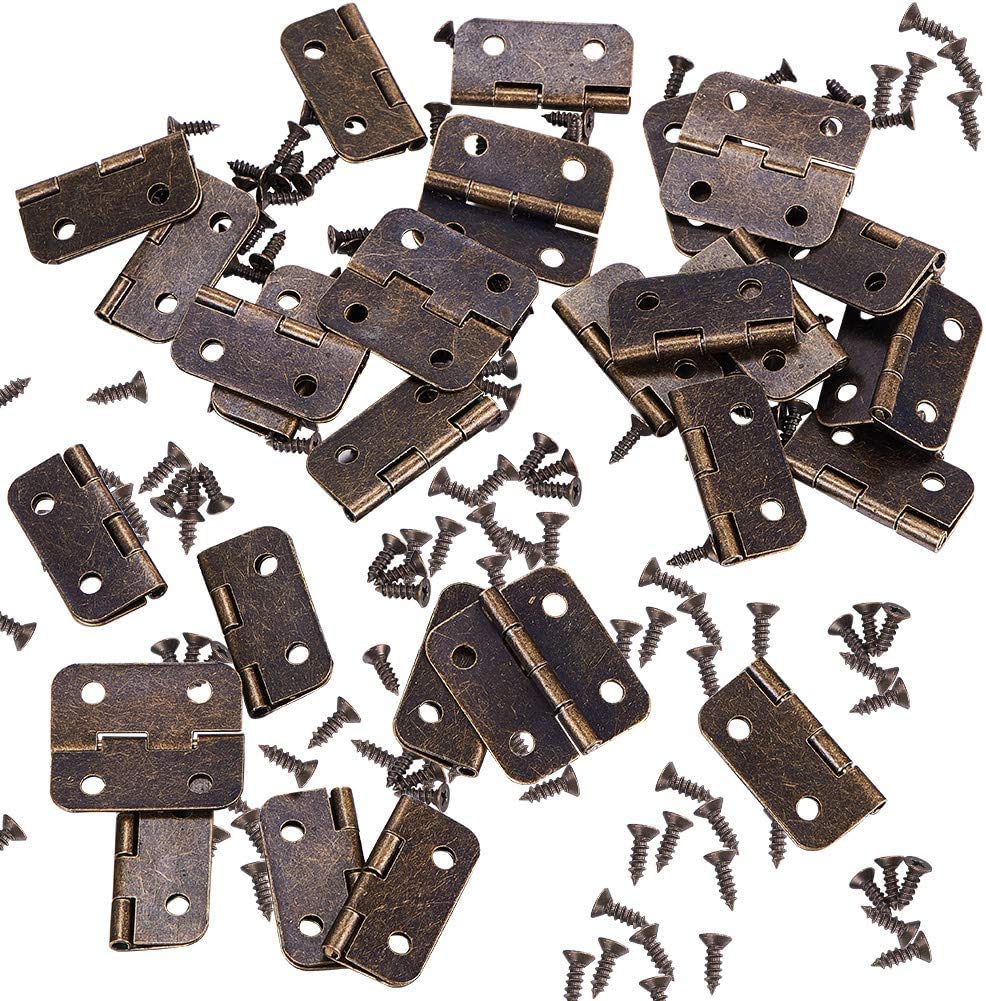 Namvo Small Mini Hinges, 100 Packs Cabinet Drawer Door Chest Butt Hinges Connectors with 400 Pieces 8 Mm Mini Brass Hinge Replacement Screws, Metal Hinge for Wooden Jewelry Box (Bronze)