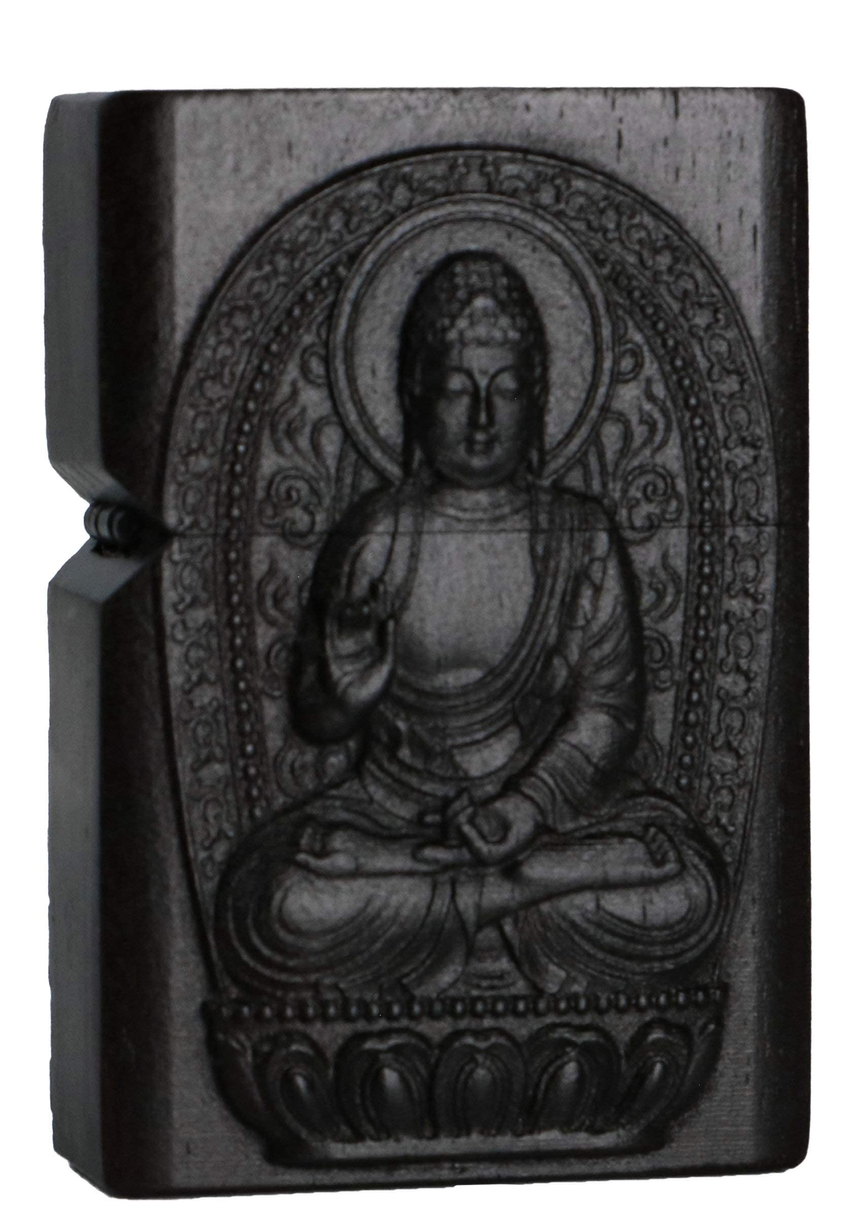 Natural Ebony Black Wood Carved Lighter Shell Box For Zippo Module (Protector Deity/Shakyamuni Amitabha Buddha)