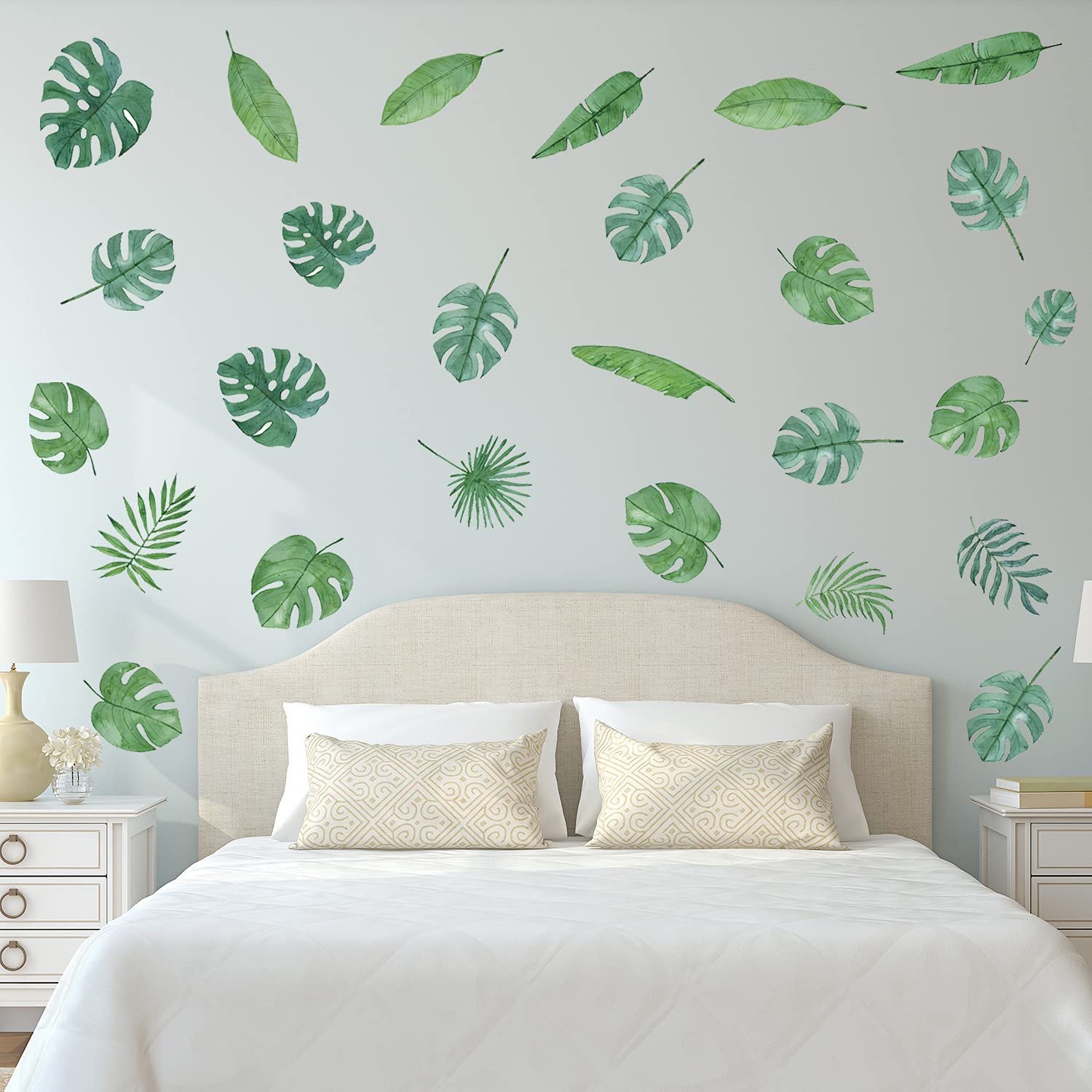 Leaf Wall Stickers, Palm Jungle Leaf Wall Stickers, Green Plant Wall Stickers, Watercolour Tropical Wall Stickers, Monstera Leaves Wall Decal for Living Room Bedrooms Bathroom Kitchen Nursery(39pcs)