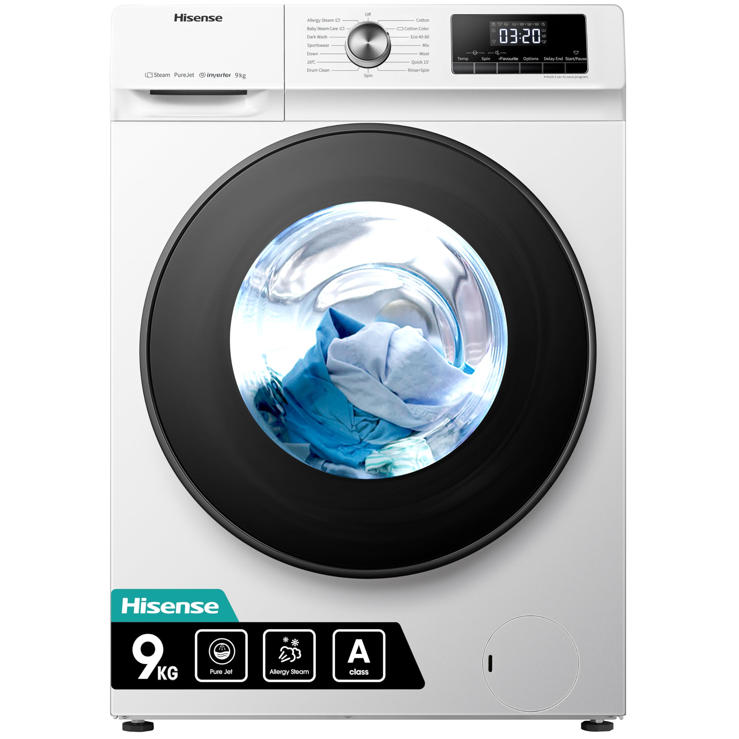 Hisense 3 Series WFQA9014EVJM Freestanding 9 KG Front Load Washing Durable Inverter Machine Steam Wash Quick Wash 15 Washing Programs 1400 RPM White- Energy Rating A [Energy Class A]