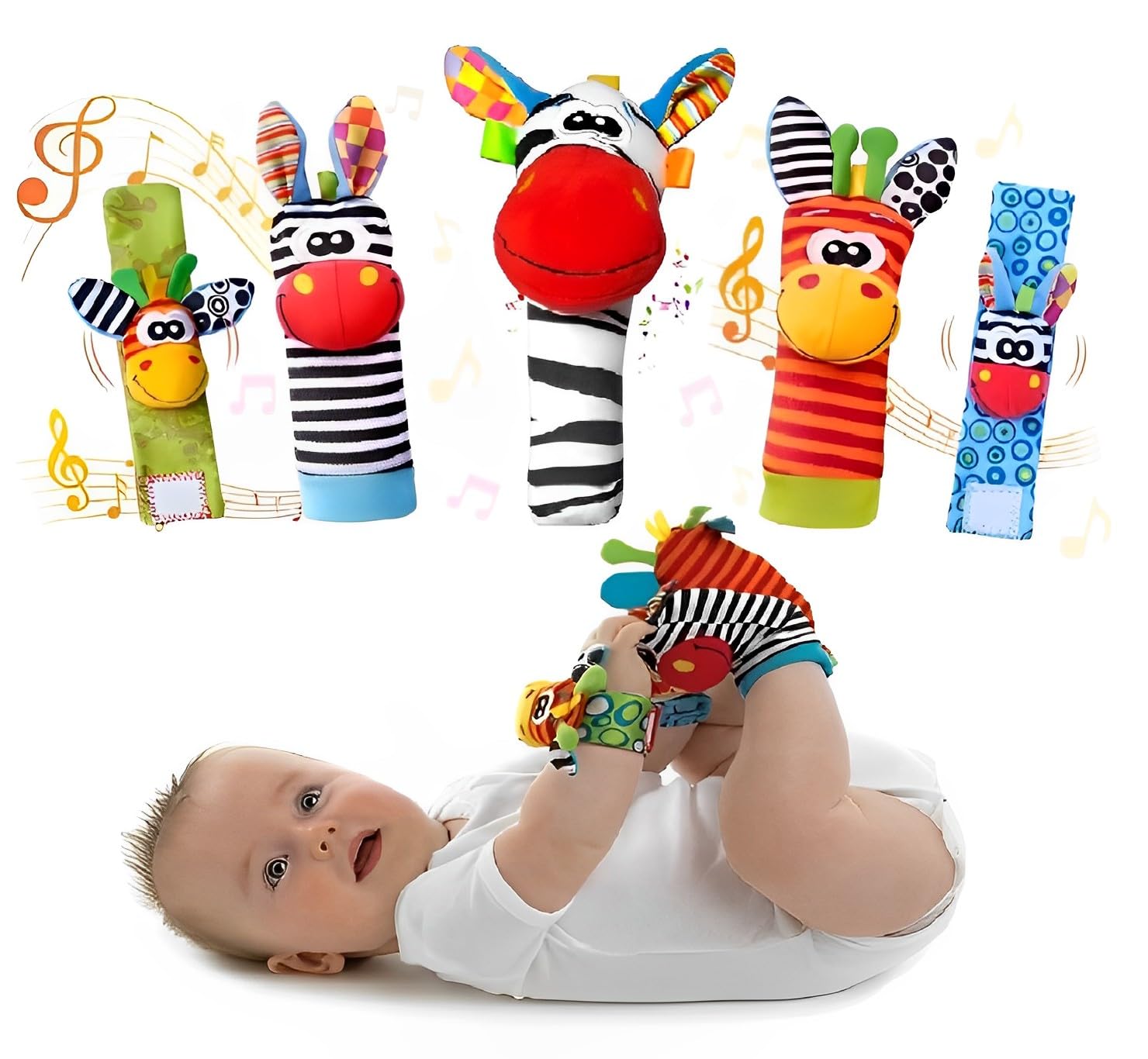 Indigo BabyRattle Socks, 5Pcs Wrist Rattle Toys Set, Zebra Sensory Socks Foot Finder Gift for 0-3, 3-6, 6-9 Months Babies