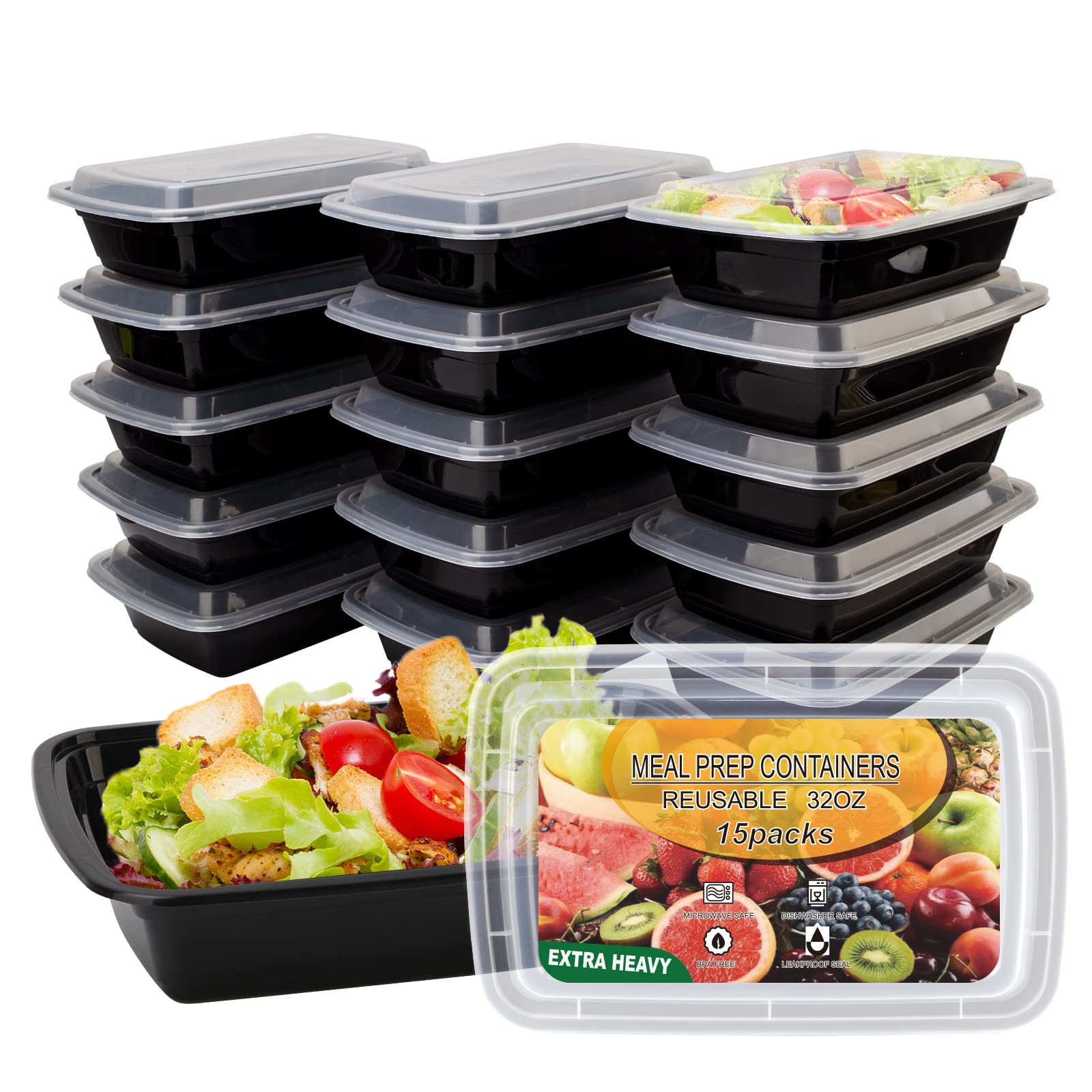 15 Pack- Meal Prep Containers 32oz, Plastic Food Prep Containers Reusable, Leakproof To Go Food Containers with Lids, BPA-Free, Microwave/Dishwasher/Freezer Safe