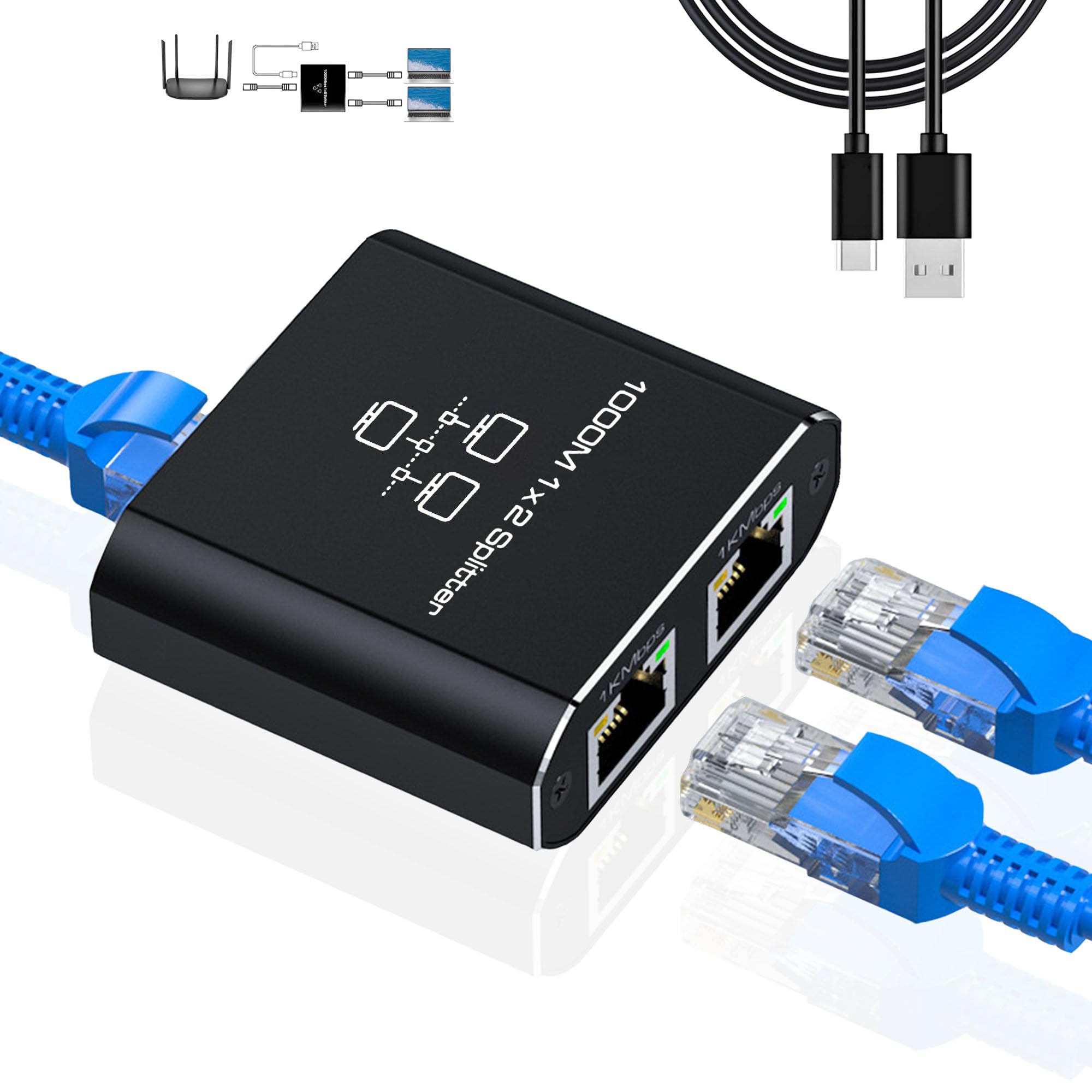 Gigabit Ethernet Splitter 1 to 2 - Network Splitter with USB Power Cable, RJ45 Internet Splitter Adapter 1000Mbps High Speed for Cat 5/5e/6/7/8 Cable [2 Devices Networked Simultaneously]