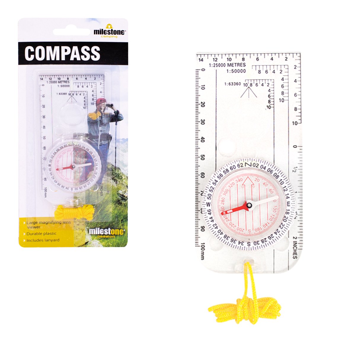 Milestone Camping20690 Travel Compass ~ Hiking, Camp, Outdoors ~ Lanyard Included, Transparent