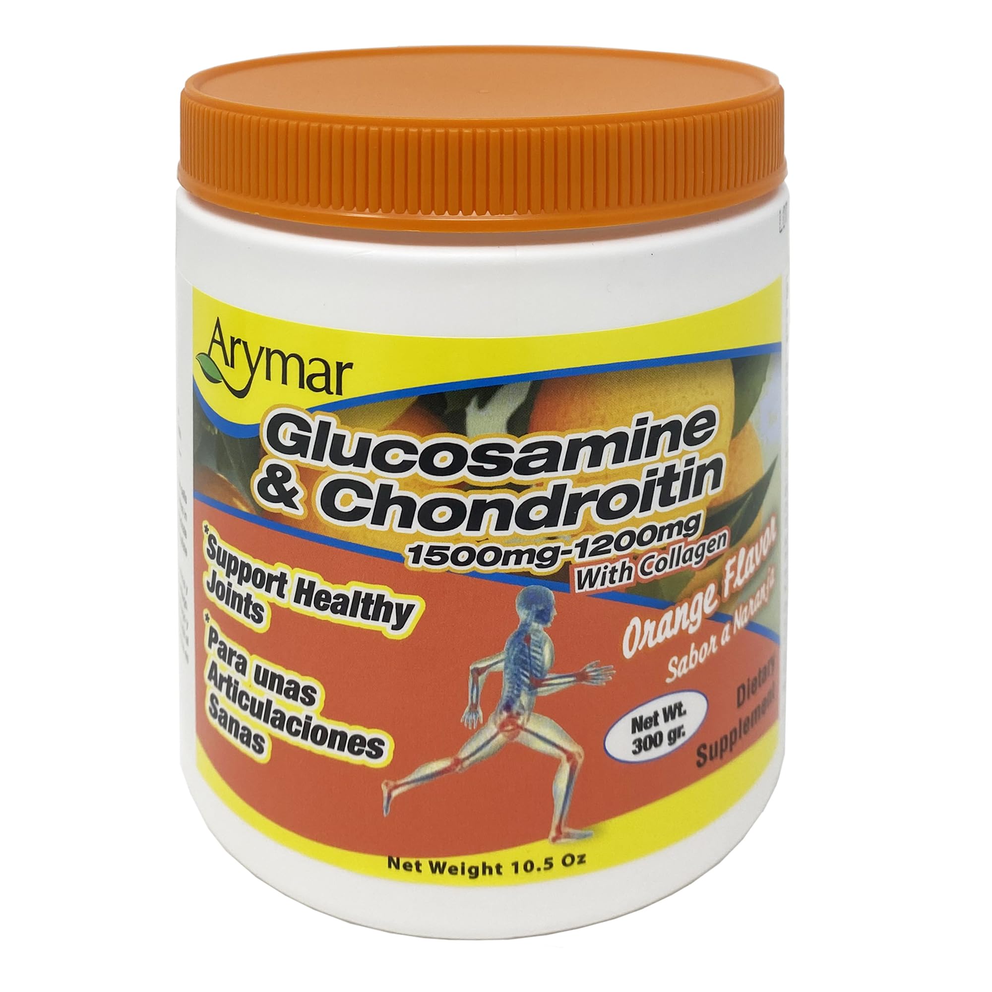 Arymar Glucosamine & Chondroitin Powder 1500mg-1200mg with Collagen Orange Flavor Support Healthy Joints, Orange, Orange, 300 Gram, X-Large