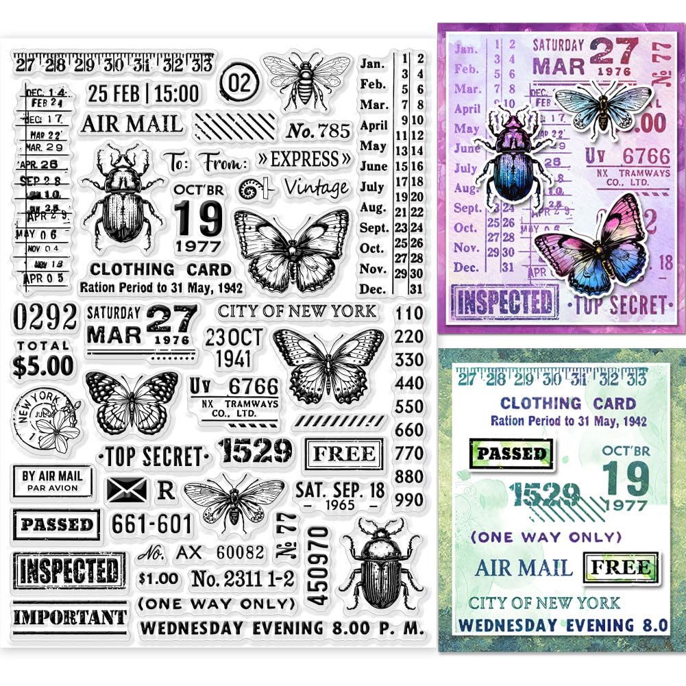 GLOBLELANDPostage Clear Stamps Air Mail Clear Stamp Vintage Clear Rubber Stamps Insects Butterflies Clear Stamps for DIY Scrapbooking Photo Album Decorative Cards Making 11.69×8.27inch