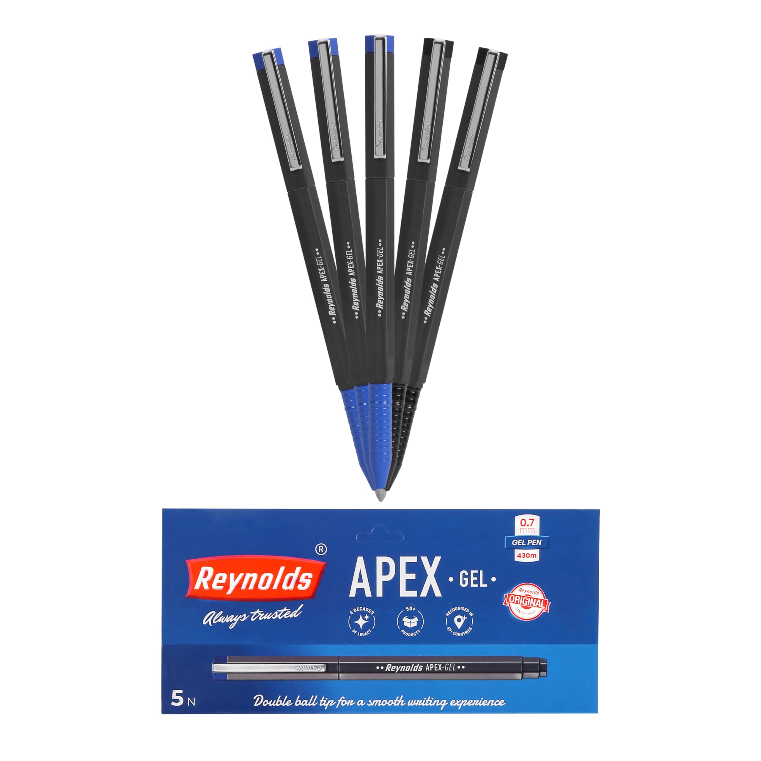 Reynolds APEX GEL 5 PEN BLISTER - BLUE | STYLISH METAL CLIP PREMIUM LOOK ROLLER PEN FOR MEN WOMEN STUDENTS & OFFICE PROFESSIONALS | REFILLABLE | SMOOTH & EFFORTLESS WRITING