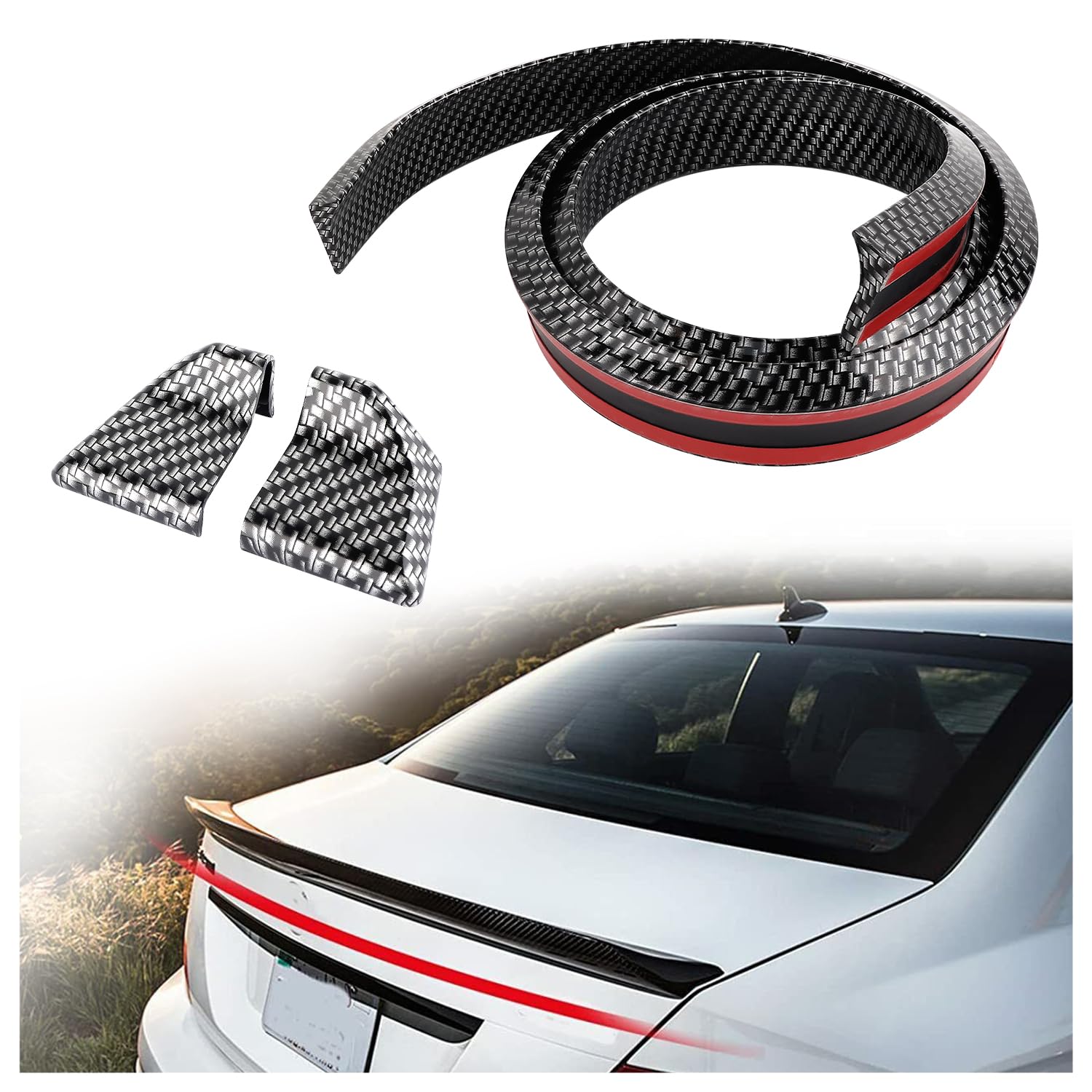 Aokdom Spoilers for Cars,4.9 Ft Reflective Carbon Fiber Spoiler Rear Spoiler Wing for Car Decorations,Universal Punch-Free Rubber Trunk Spoiler Trim Strip for Tailgate Roof Bumper (Carbon Fiber)