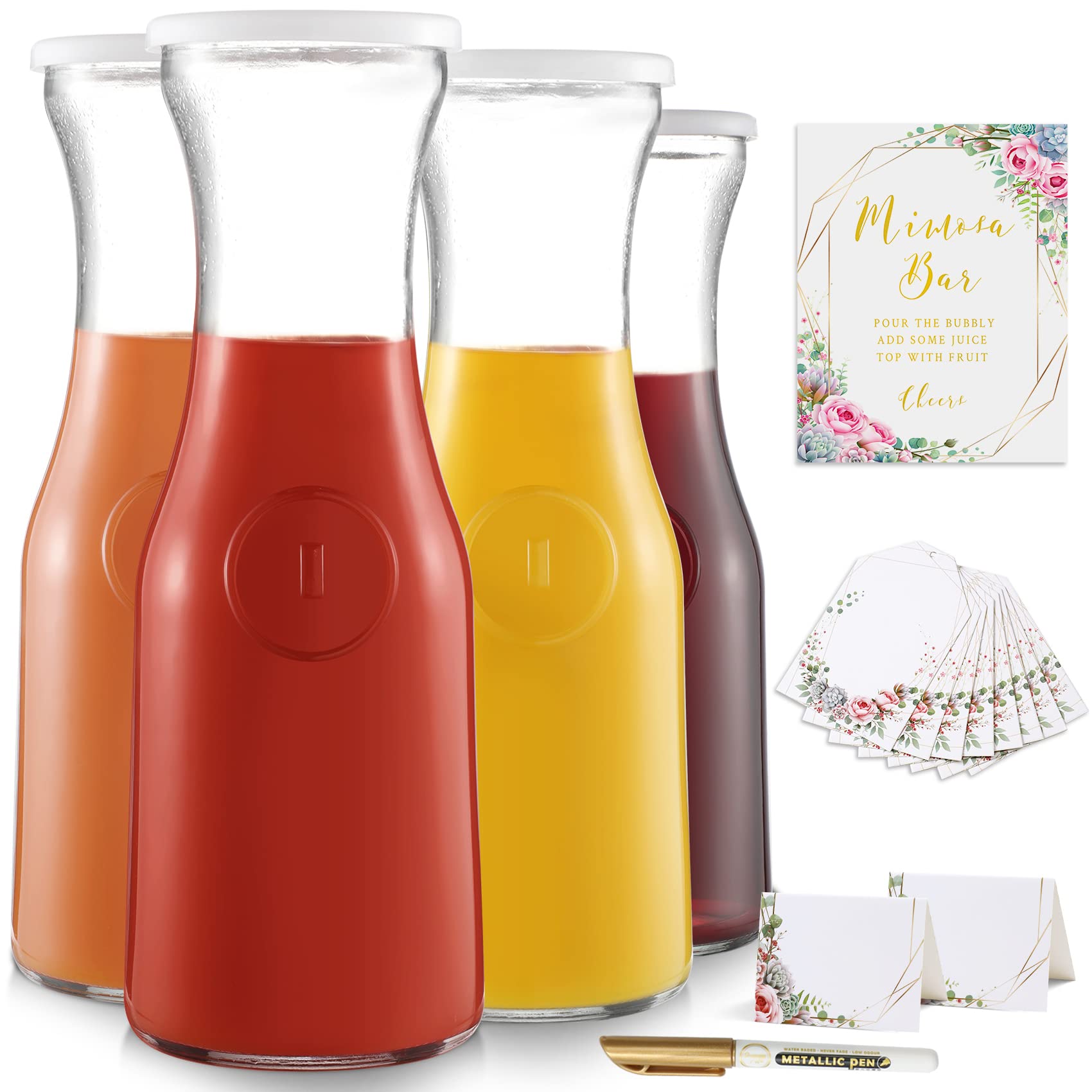 NETANY Carafe Set for Mimosa Bar Includes 4 Pack Glass Carafe with Lids, 1 Mimosa Bar Sign, 8 Table Cards, 8 Label Tags and 1 Gold Marker for Mimosa Bar, Bridal/Baby Shower and Brunch Decorations