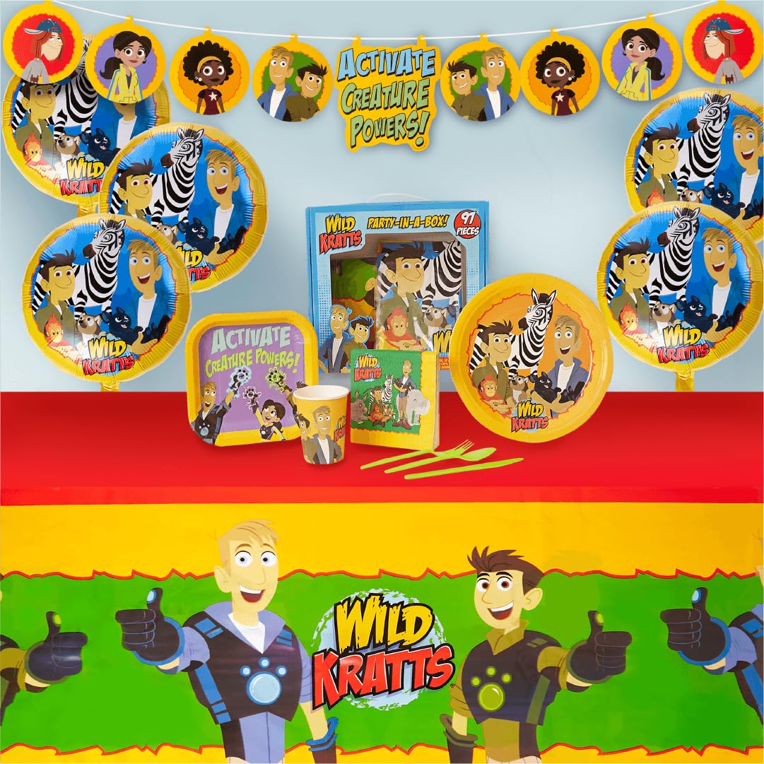 Wild Kratts Party in a Box Kit 97pcs Decor Banner Tablecloth Napkins Cups Plates