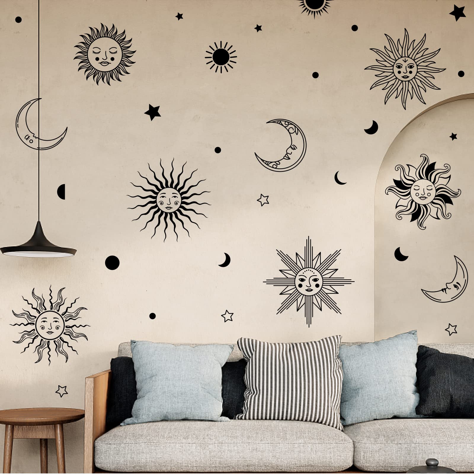 PLIGREAT Sun Moon Face Wall Stickers, Peel and Stick Wall Decals, Removable Vinyl Wall Sticker for Bedroom Living Room Halloween Party Wall Decorations Crescent Decals Boho Ethnic Wall Art Decor