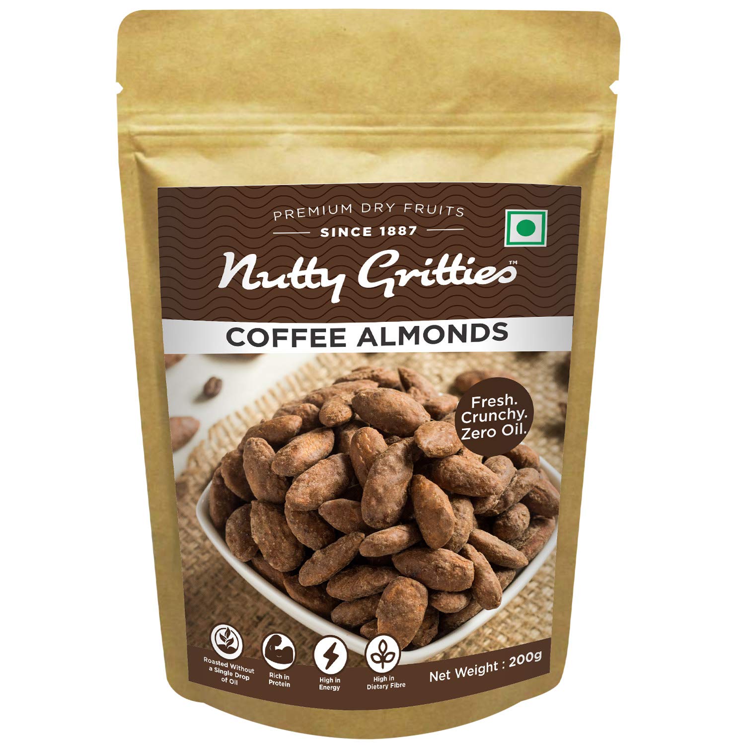 Nutty Gritties Almonds 200g - Coffee Flavoured, Delicious Healthy Snack for All, Non Fried, Zero Oil, Crunchy