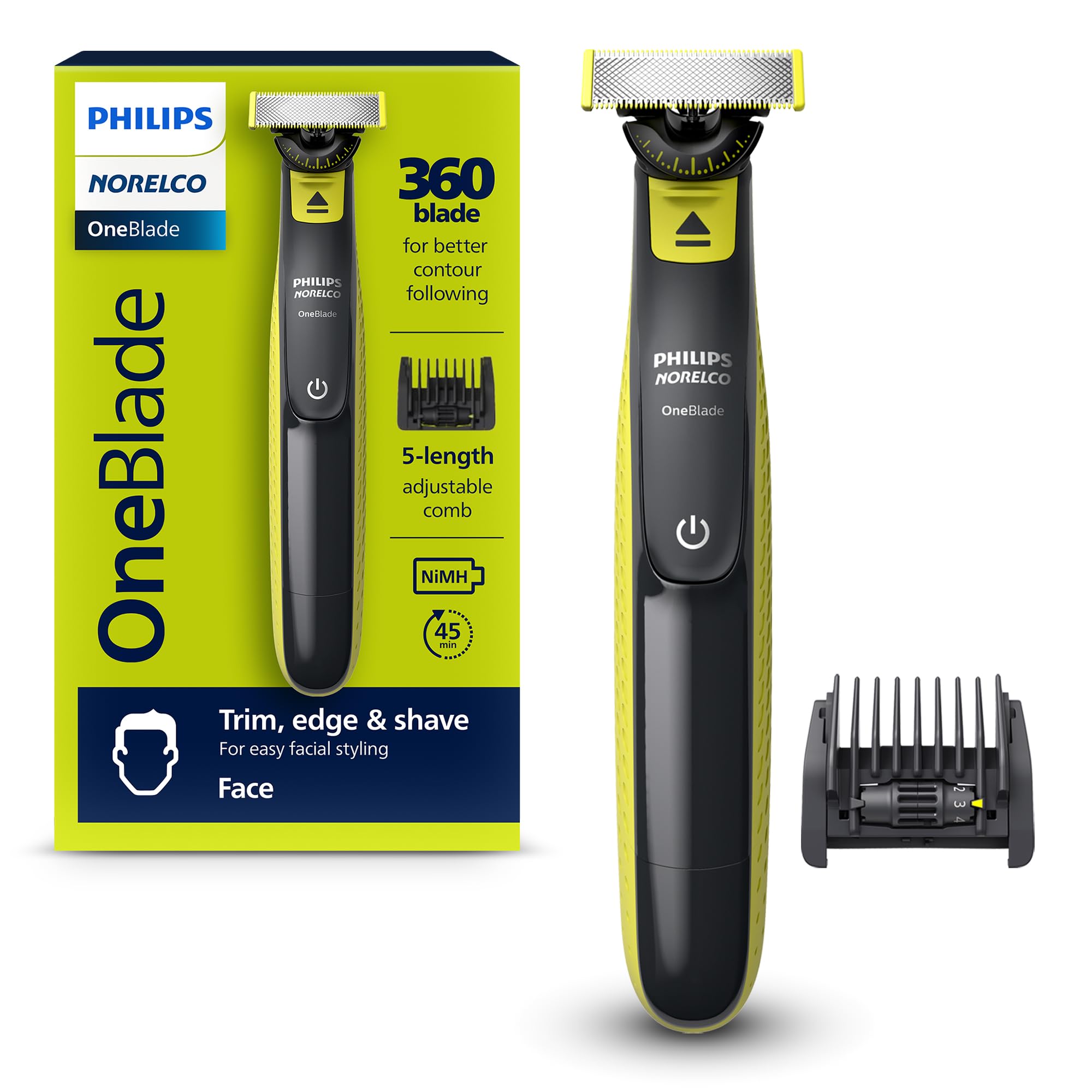 Philips NorelcoOneBlade 360 Face, Hybrid Electric Beard Trimmer and Shaver with 5-in-1 Face Stubble Comb, Frustration Free Packaging, QP2724/90