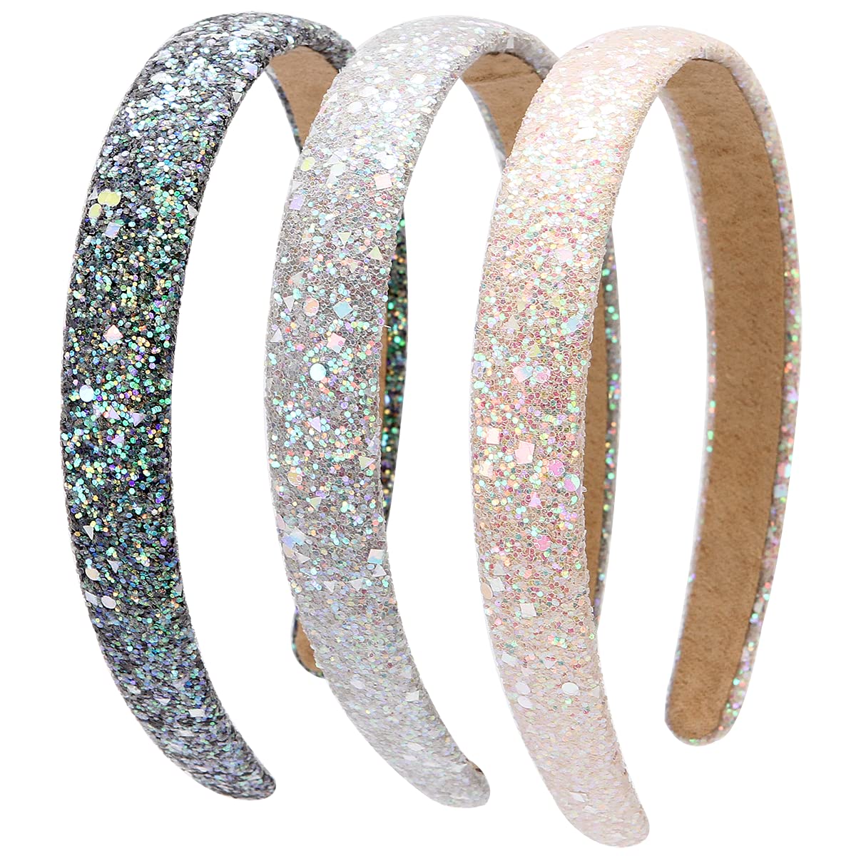 LONEEDY 3 Pack Glitter Sequins Sparkly Hard Headbands for Kids Wide Padded Hair Bands Fashion Cute Daily Accessories for Girls and Women (black + grey +beige)