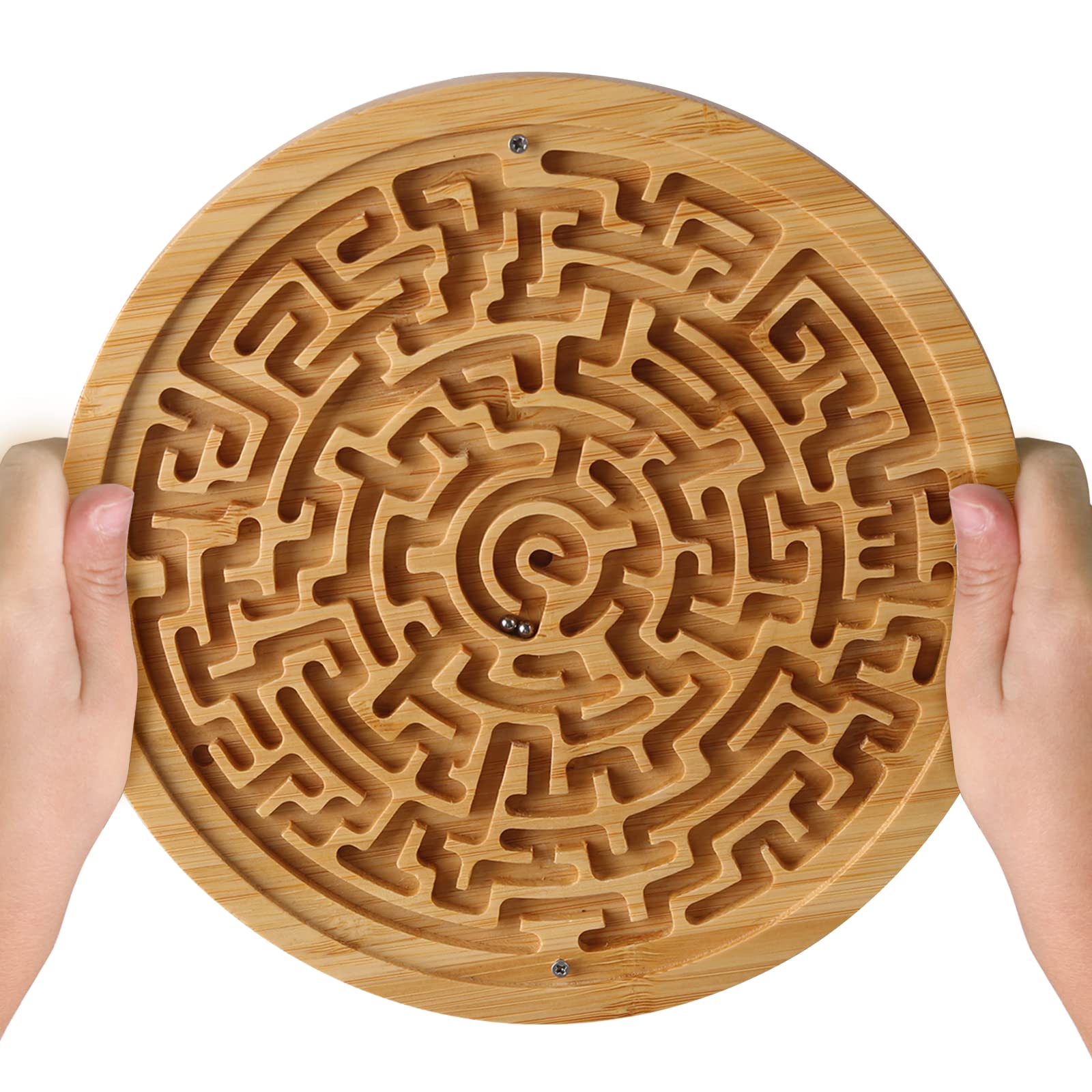 Round Wooden Labyrinth Board Game - Marble Maze for Education and Fun, Toddler Activity Board, Brain Teaser Puzzle Logic Game with Two Metal Balls for Kids, Adults, Teens, Boys, and Girls