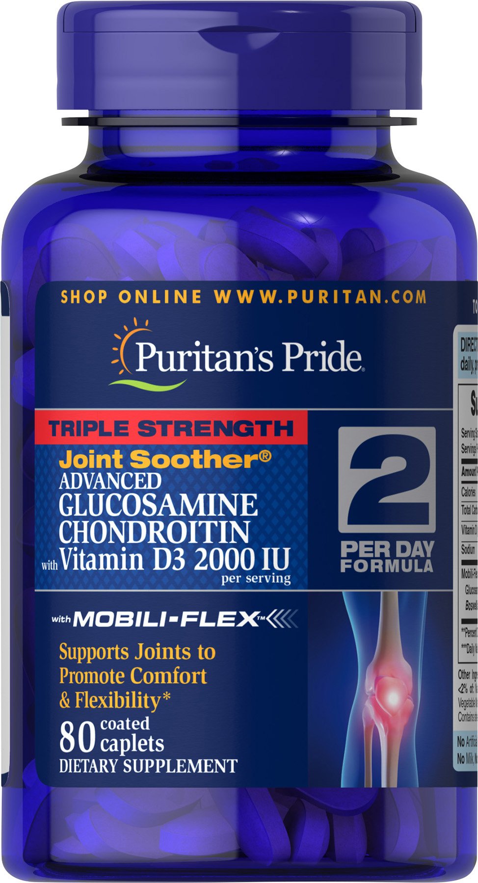 Puritan's Pride Triple Strength Glucosamine Chondroitin with Vitamin D3 Caplets, 80 Count