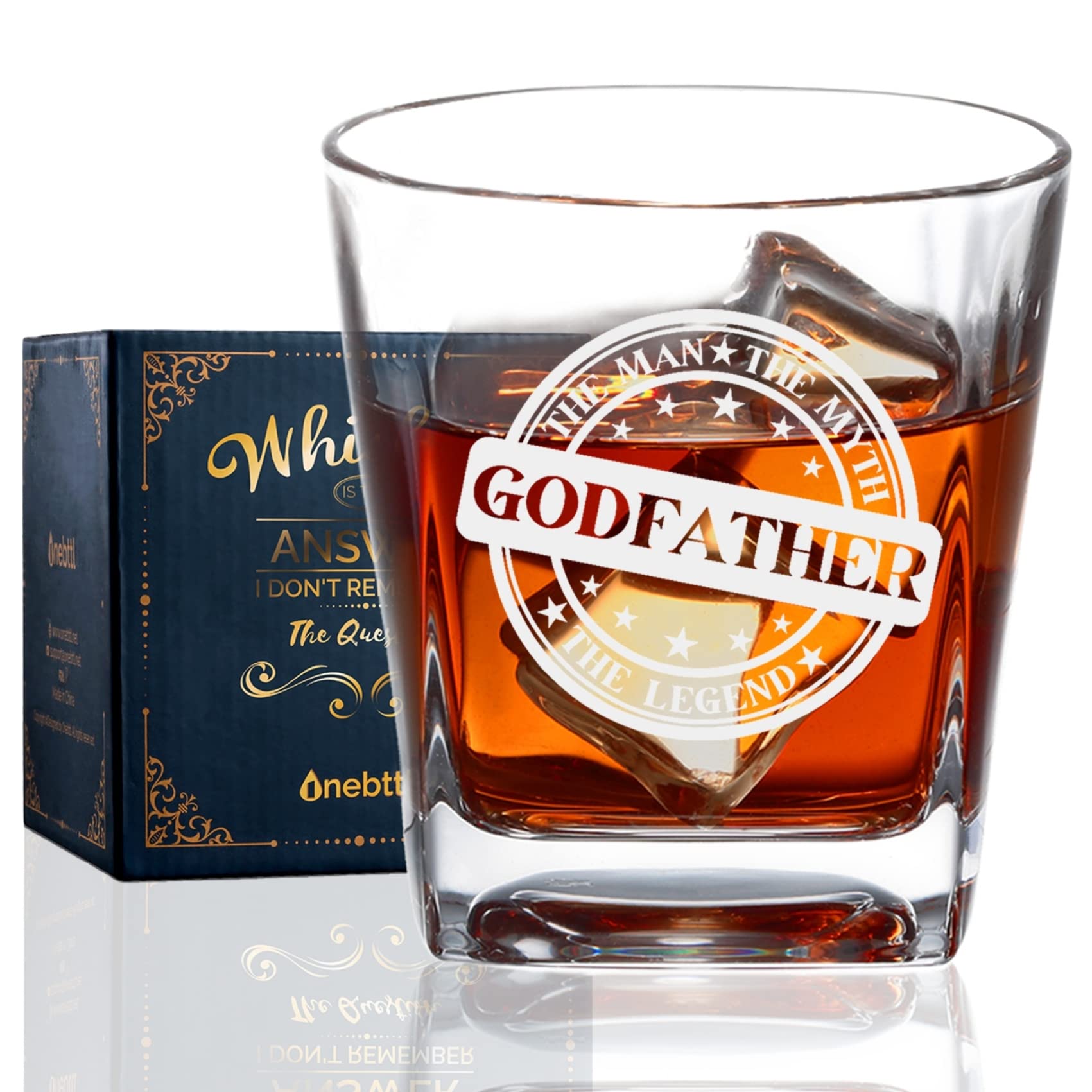 Onebttl Godfather Gifts, Whiskey Glass Funny Gift Idea for The Best Godfather for Proposal, Christmas, Birthday, Box and Greeting Card Included - THE MAN THE MYTH THE LEGEND