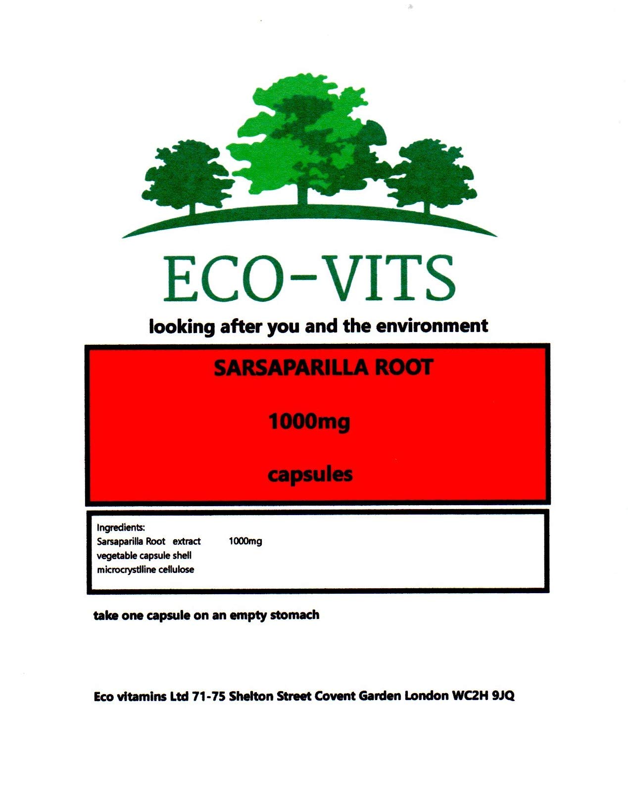 ECO-VITS Sarsaparilla Root (1000MG) 120 CAPS. Recyclable Packaging. Sealed Pouch