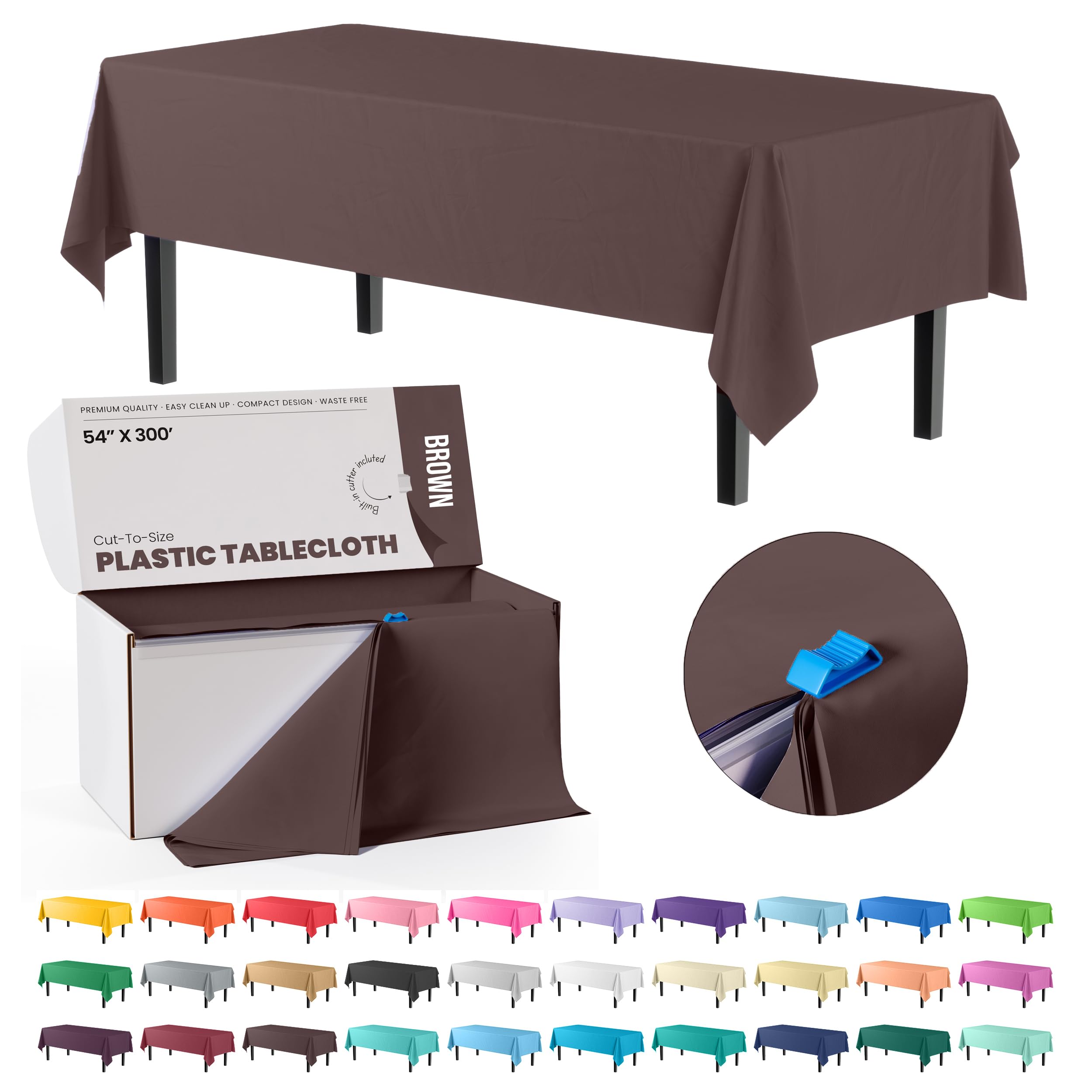 Exquisite 54 Inch X 300 Feet Brown Plastic Table Cover Roll in A Cut - to - Size Box with Convenient Slide Cutter. Cuts Up to 36 Rectangle 8 Feet Plastic Disposable Tablecloths