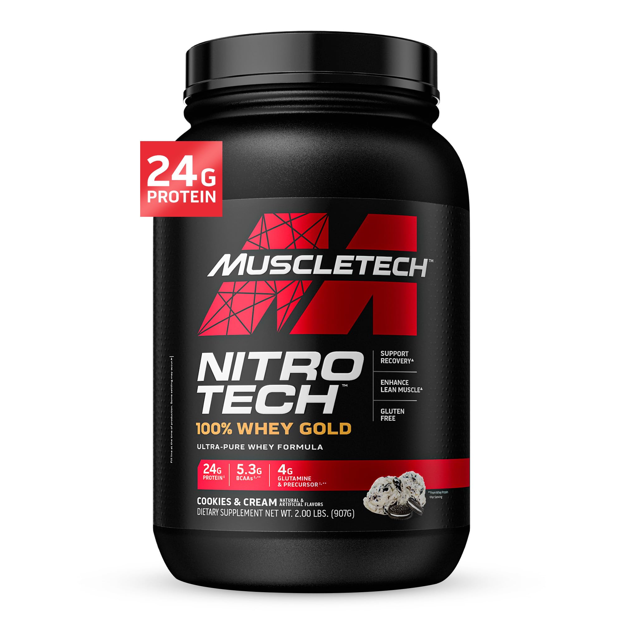 MuscletechNitro Tech Ultra-Pure Whey Protein Formula for Fast Recovery Gluten Free with 24 grams Protein, 5.3 grams BCAAs & 4 grams Glutamine & Precursor, Cookies & Cream Flavor, 2.00 lbs