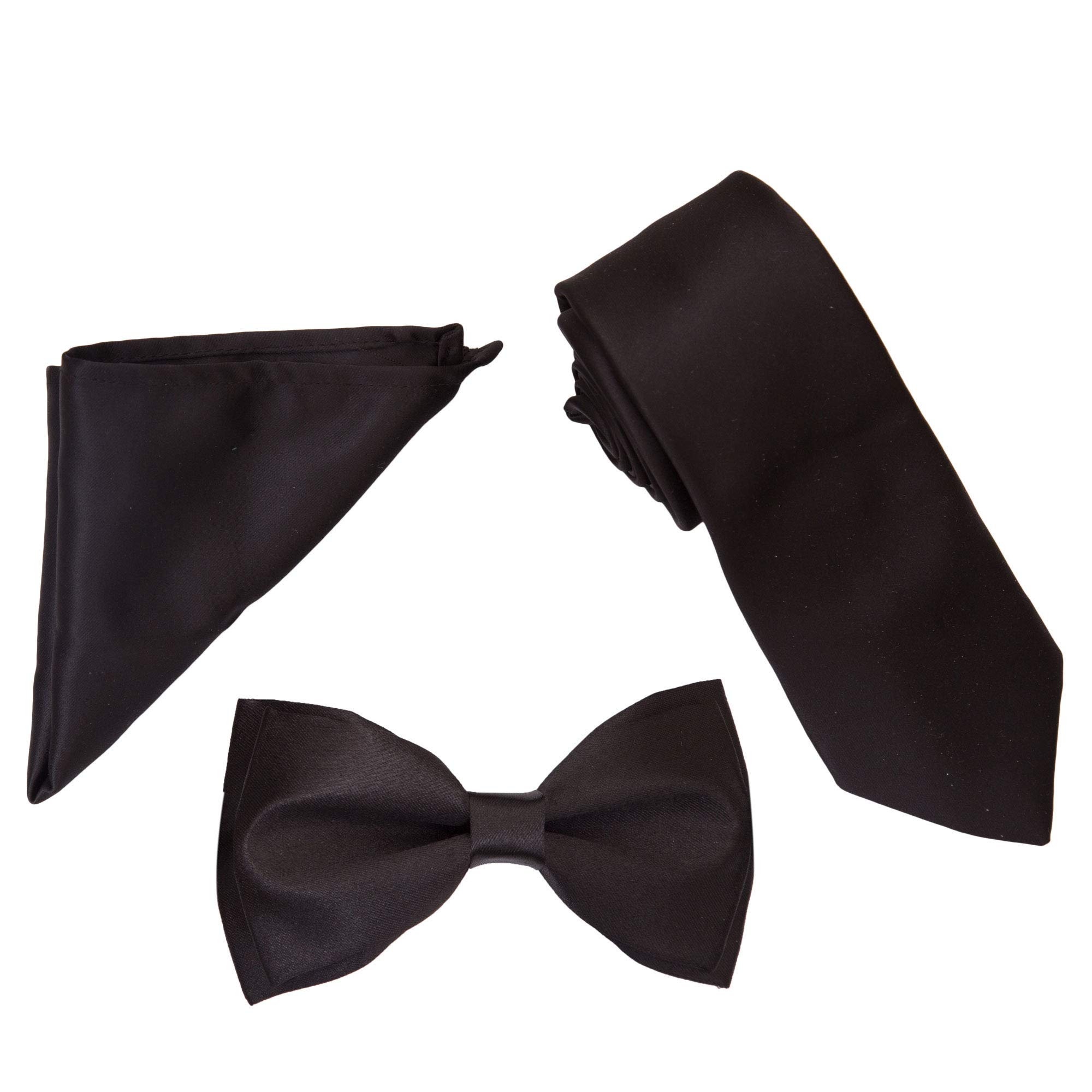 Vibhavari Men's Black Sleek Tie, Pocket Square and Bow