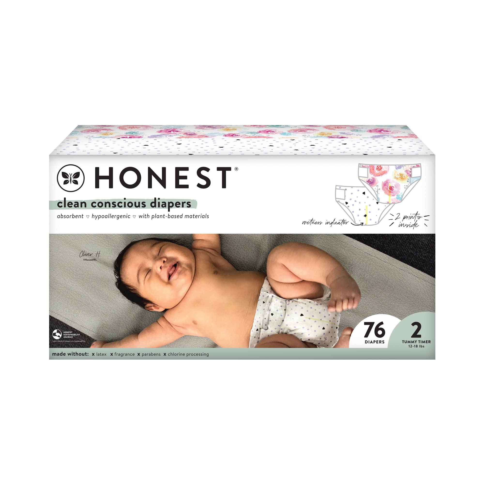 HONESTThe Company Clean Conscious Diapers | Plant-Based, Sustainable | Young At Heart + Rose Blossom | Club Box, Size 2 (12-18 lbs), 76 Count